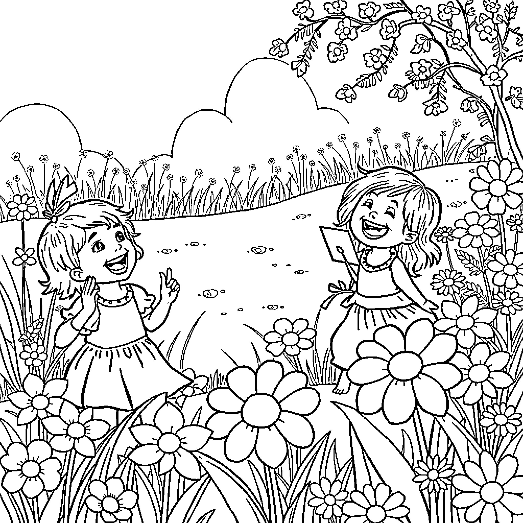 Child playing and exploring a lush floral garden Coloring Page (free black-and-white line drawing printable PDF for all, from beginners to advanced learners, including children, teens, adults, and seniors)