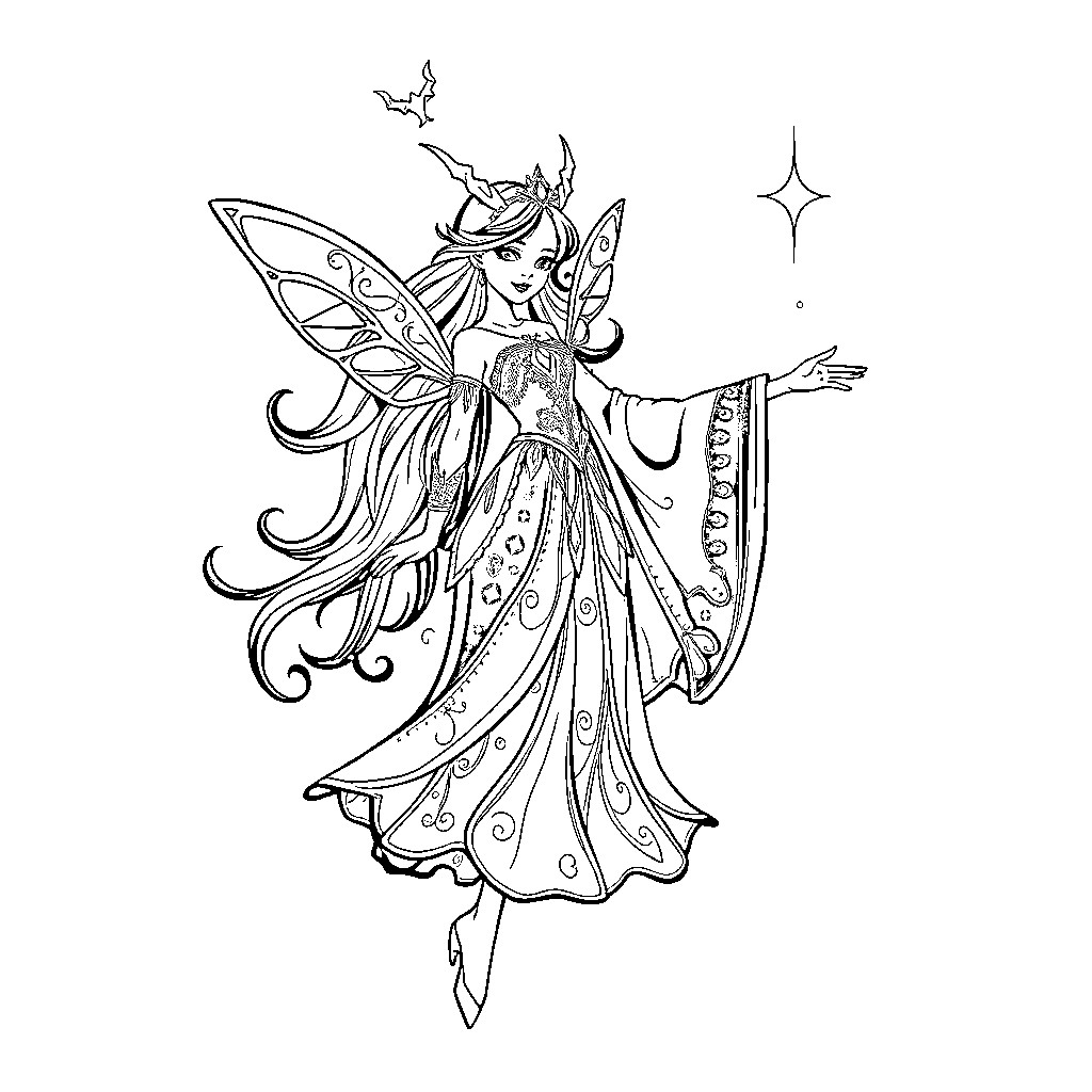 Peau d'Ane: Whimsical Fairy Dancing in Ethereal Dress Coloring Page (free black-and-white line drawing printable PDF for all, from beginners to advanced learners, including children, teens, adults, and seniors)