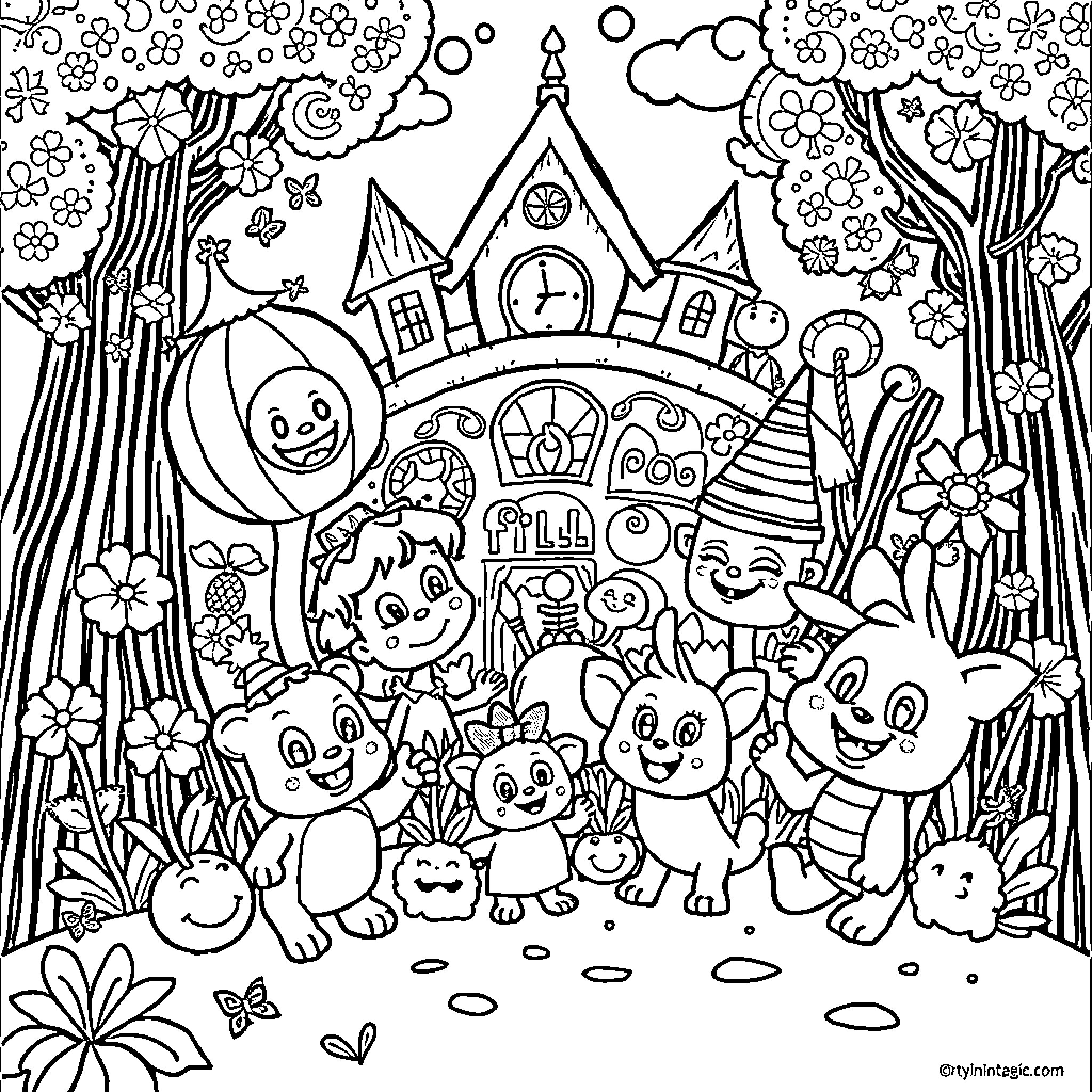 Dandy Whimsical Characters in a Fantastical Landscape Coloring Page (free black-and-white line drawing printable PDF for all, from beginners to advanced learners, including children, teens, adults, and seniors)