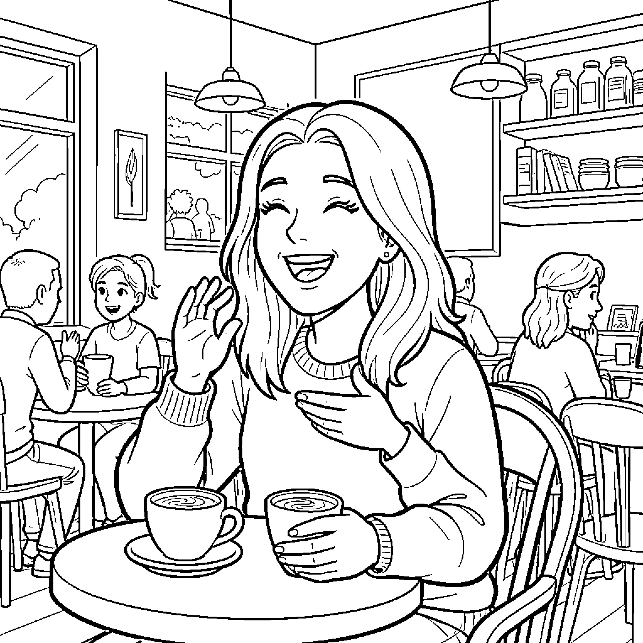 Person smiling and enjoying coffee in cafe Coloring Page (free black-and-white line drawing printable PDF for all, from beginners to advanced learners, including children, teens, adults, and seniors)