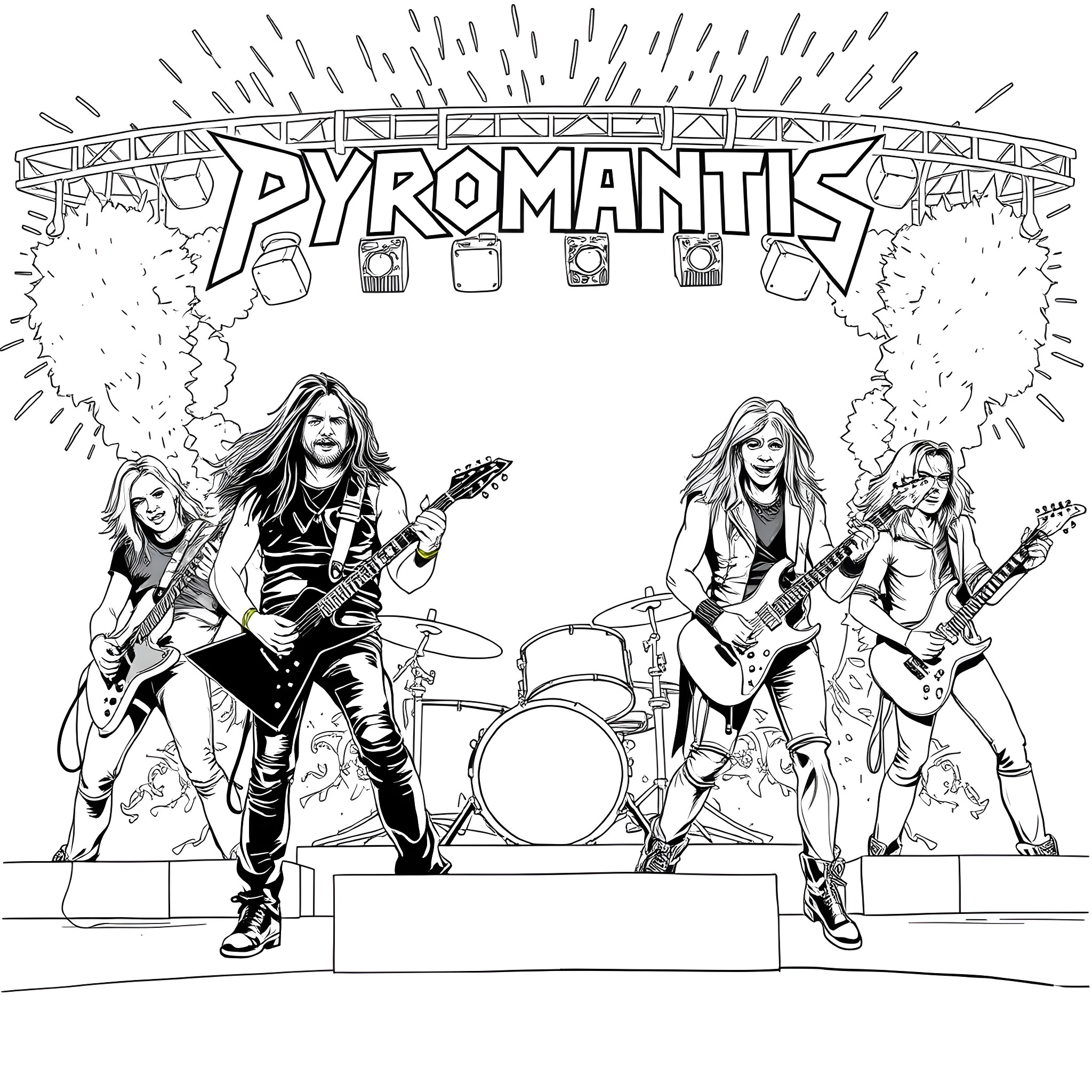 Band performing energetic rock music on stage Coloring Page (free black-and-white line drawing printable PDF for all, from beginners to advanced learners, including children, teens, adults, and seniors)