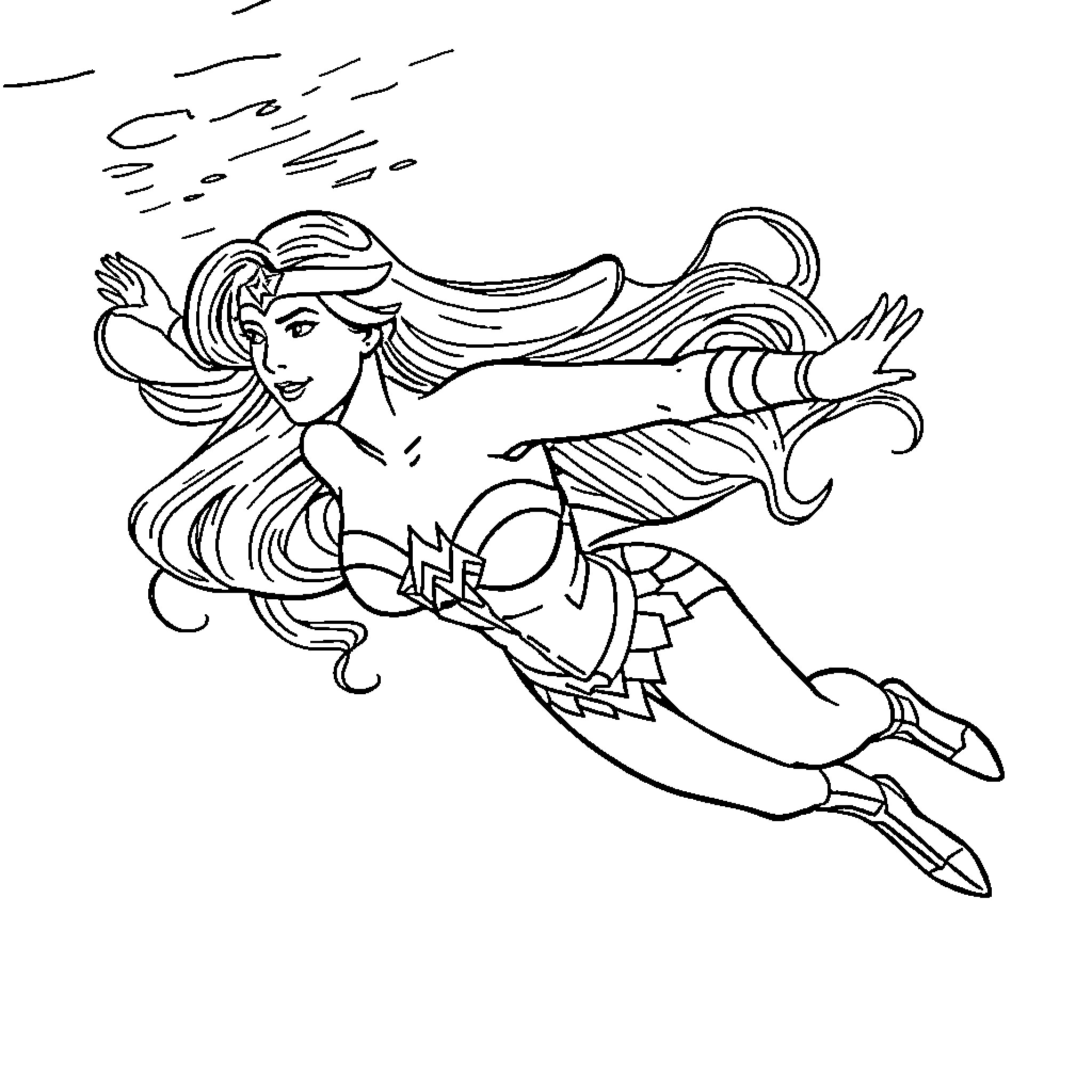 Wonder Woman flying heroically with her lasso Coloring Page (free black-and-white line drawing printable PDF for all, from beginners to advanced learners, including children, teens, adults, and seniors)