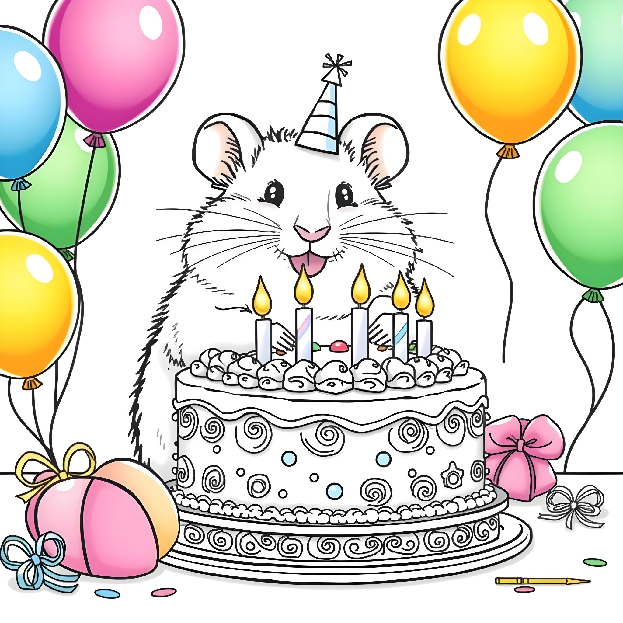 Hamster celebrating birthday with cake and balloons Coloring Page (free black-and-white line drawing printable PDF for all, from beginners to advanced learners, including children, teens, adults, and seniors)