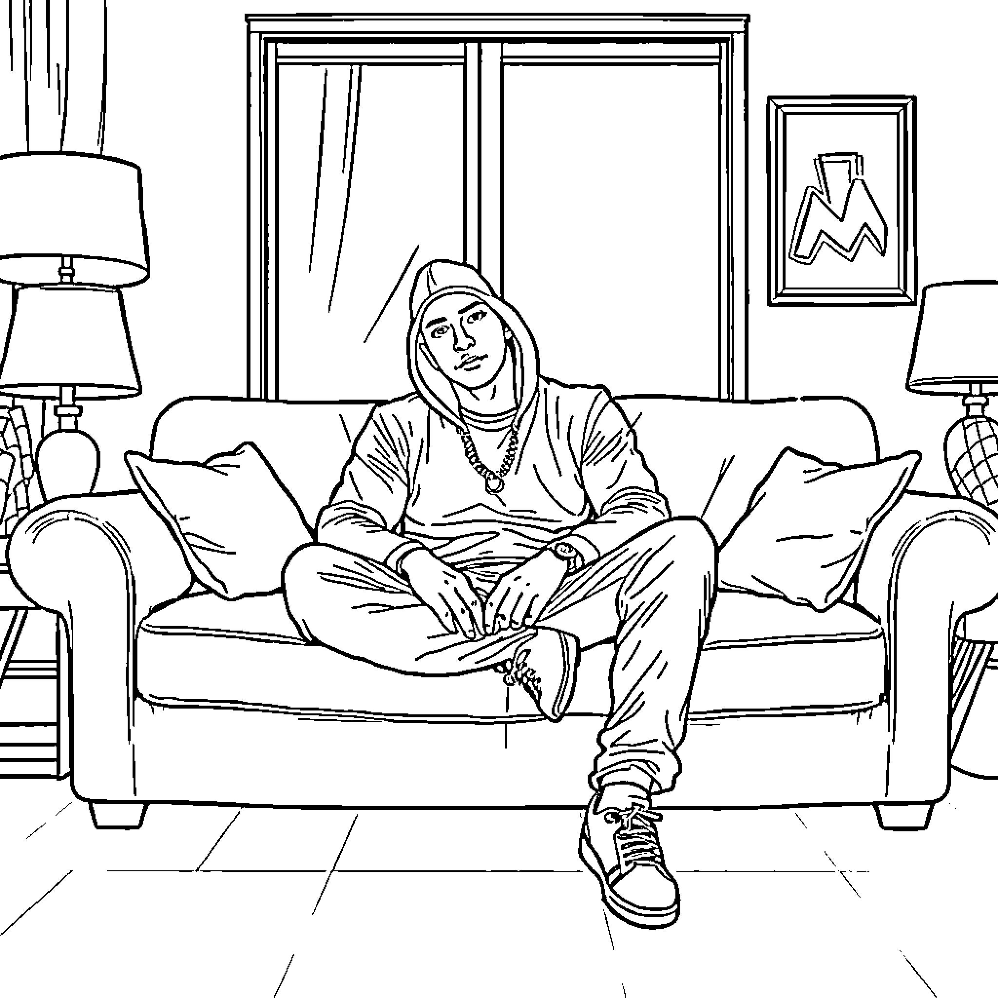 Eminem relaxing in a cozy living room Coloring Page (free black-and-white line drawing printable PDF for all, from beginners to advanced learners, including children, teens, adults, and seniors)