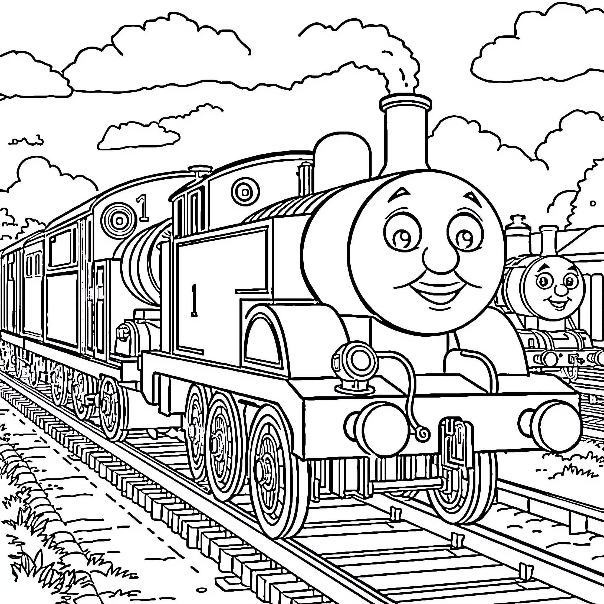 Thomas and his Cheerful Train Adventure Coloring Page (free black-and-white line drawing printable PDF for all, from beginners to advanced learners, including children, teens, adults, and seniors)