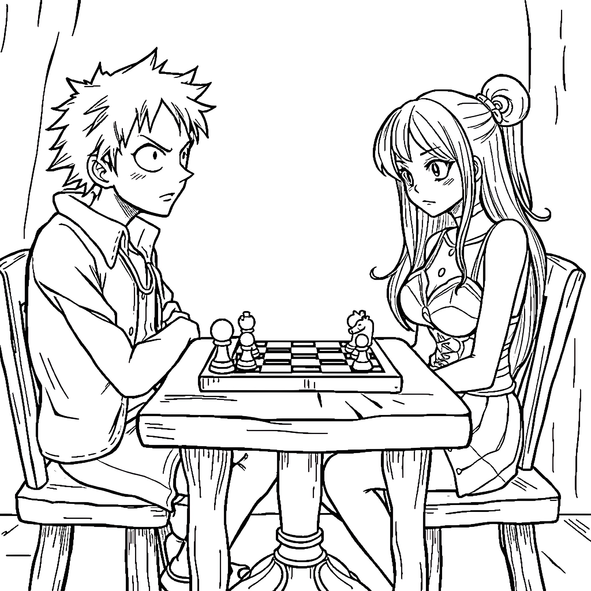 Luffy and Nami playing chess together Coloring Page (free black-and-white line drawing printable PDF for all, from beginners to advanced learners, including children, teens, adults, and seniors)