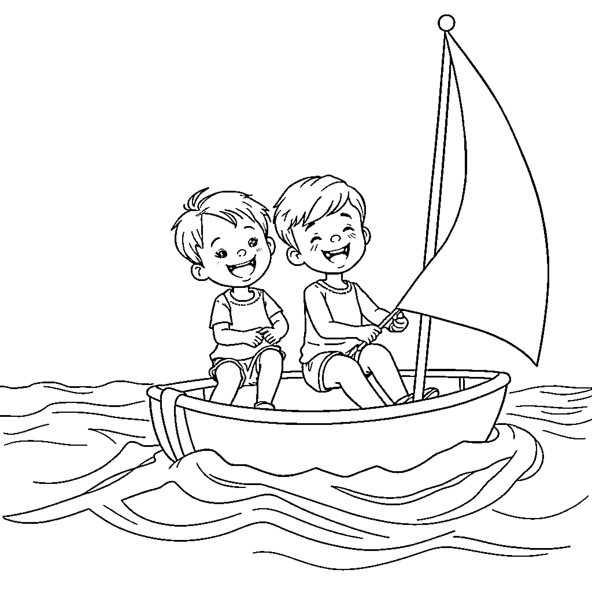 Child sailing happily with friend in boat Coloring Page (free black-and-white line drawing printable PDF for all, from beginners to advanced learners, including children, teens, adults, and seniors)