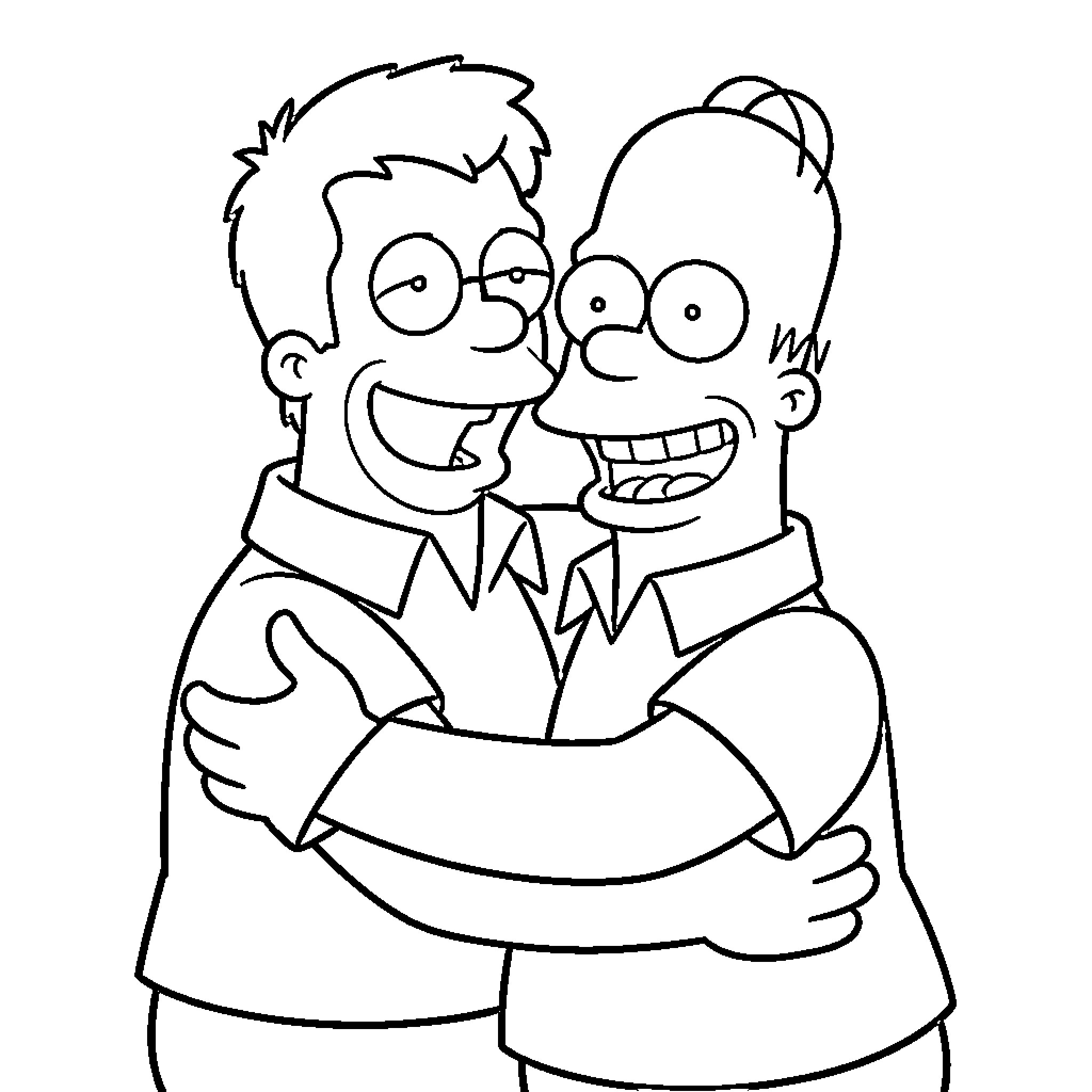 Homer Simpson and friend in close embrace Coloring Page (free black-and-white line drawing printable PDF for all, from beginners to advanced learners, including children, teens, adults, and seniors)