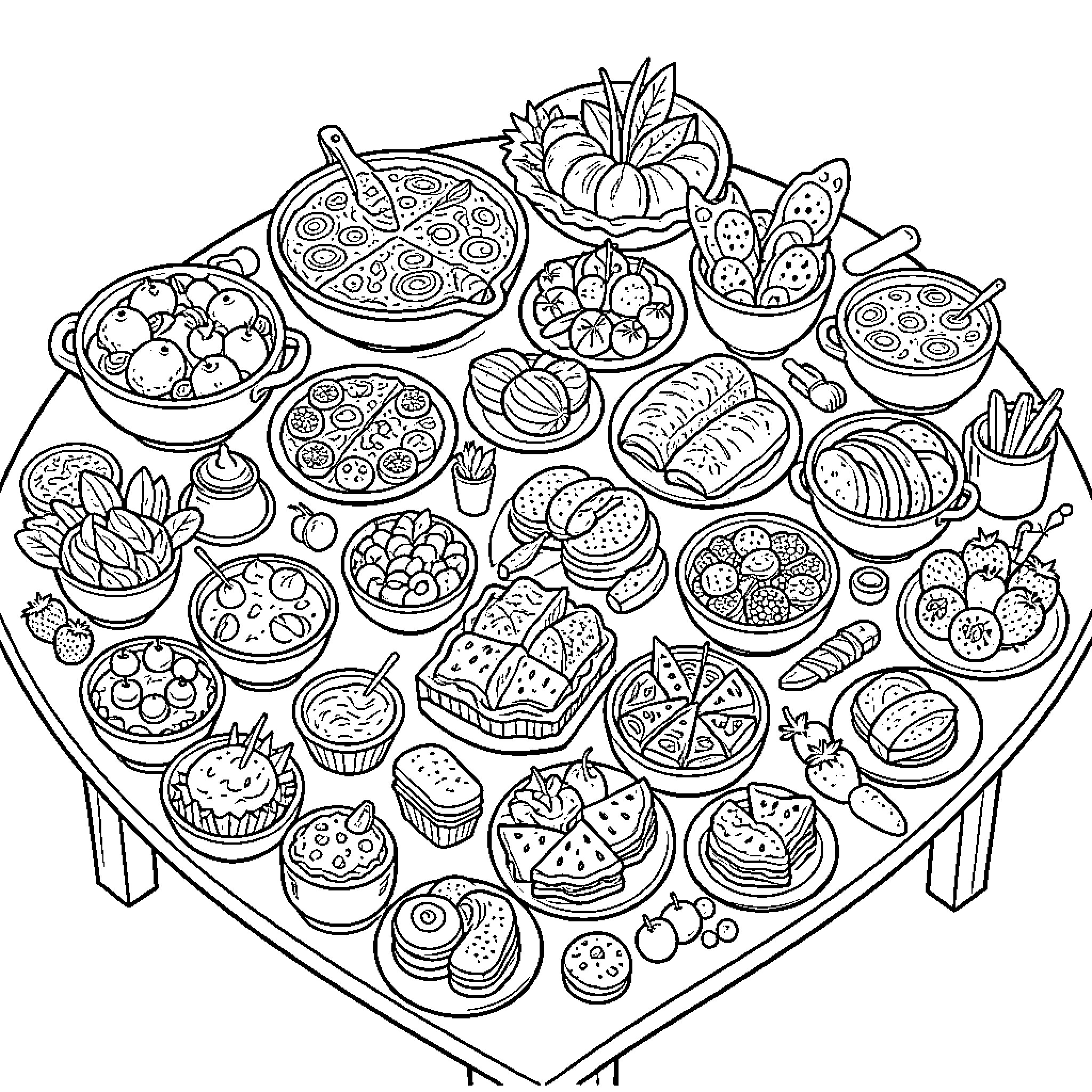 Table of Various Delectable Dishes and Desserts Coloring Page (free black-and-white line drawing printable PDF for all, from beginners to advanced learners, including children, teens, adults, and seniors)