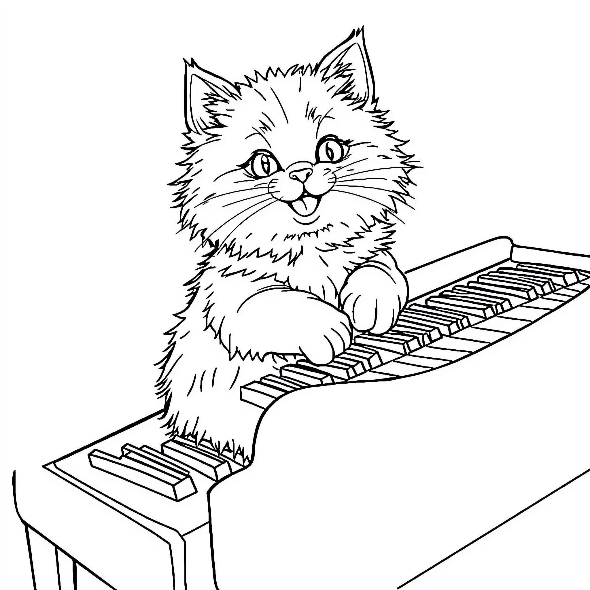 Cat playing on keyboard Coloring Page (free black-and-white line drawing printable PDF for all, from beginners to advanced learners, including children, teens, adults, and seniors)