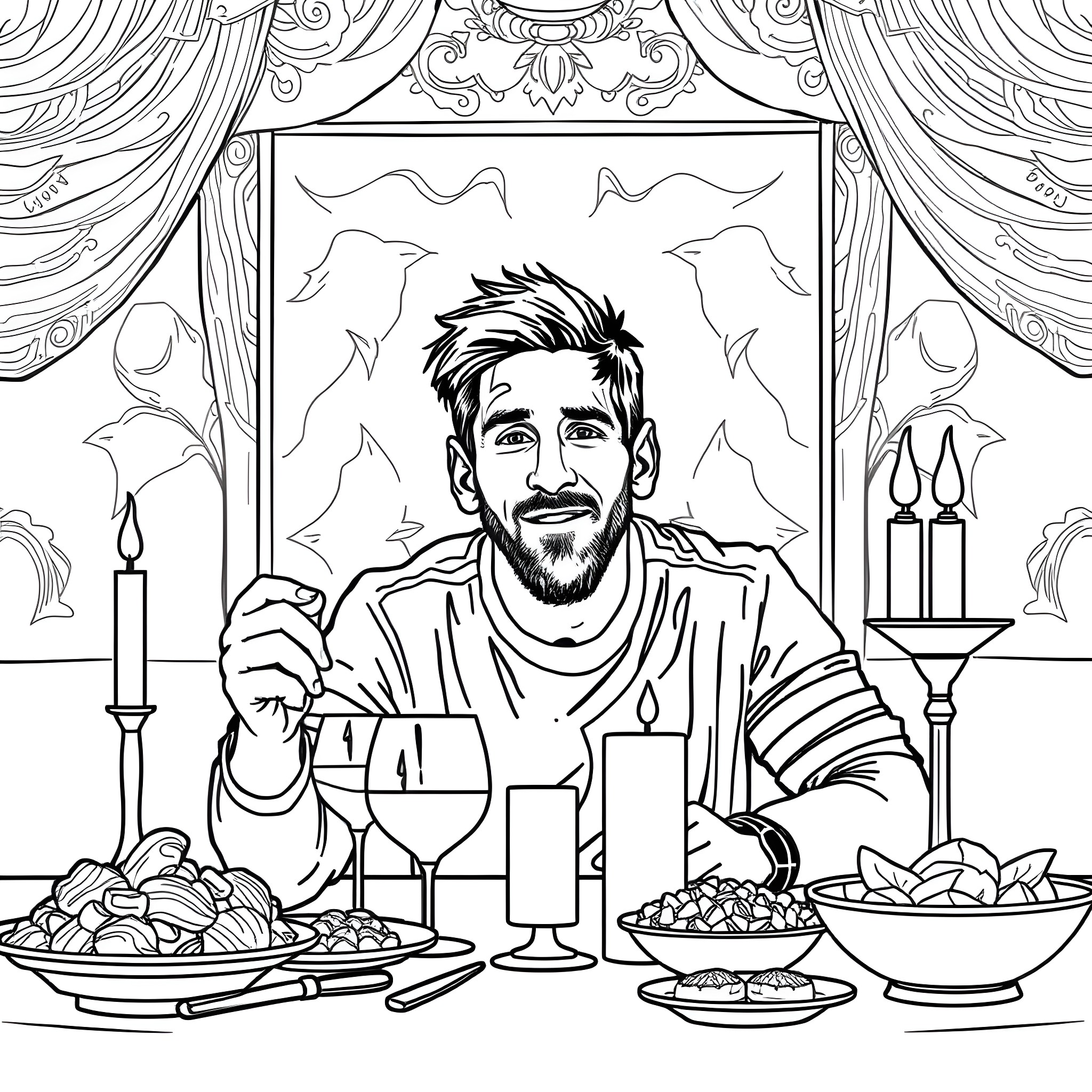 Lionel Messi's Evening Meal and Relaxation Coloring Page (free black-and-white line drawing printable PDF for all, from beginners to advanced learners, including children, teens, adults, and seniors)