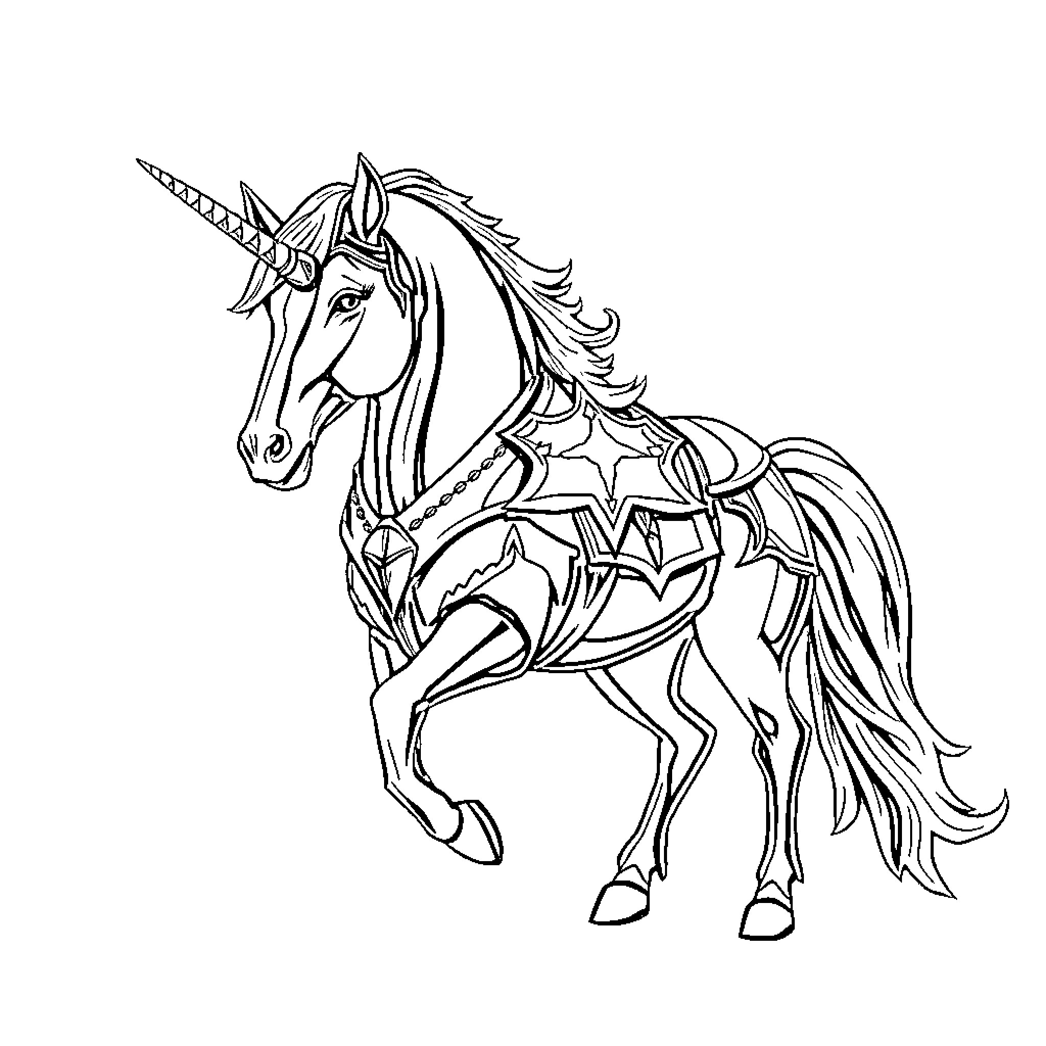 Unicorn with Intricate Armor and Powerful Pose Coloring Page (free black-and-white line drawing printable PDF for all, from beginners to advanced learners, including children, teens, adults, and seniors)