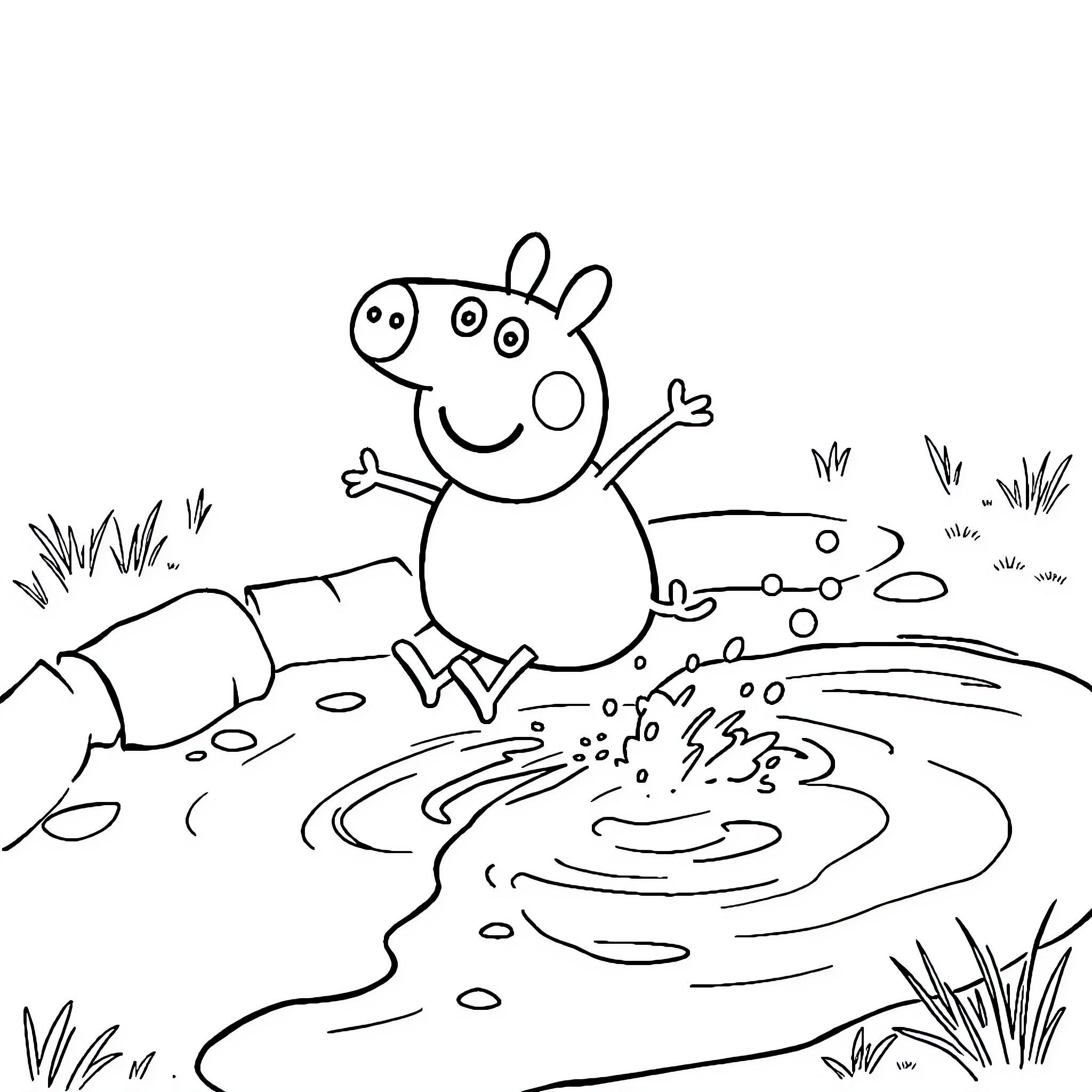 Peppa Pig jumping happily in the puddle Coloring Page (free black-and-white line drawing printable PDF for all, from beginners to advanced learners, including children, teens, adults, and seniors)