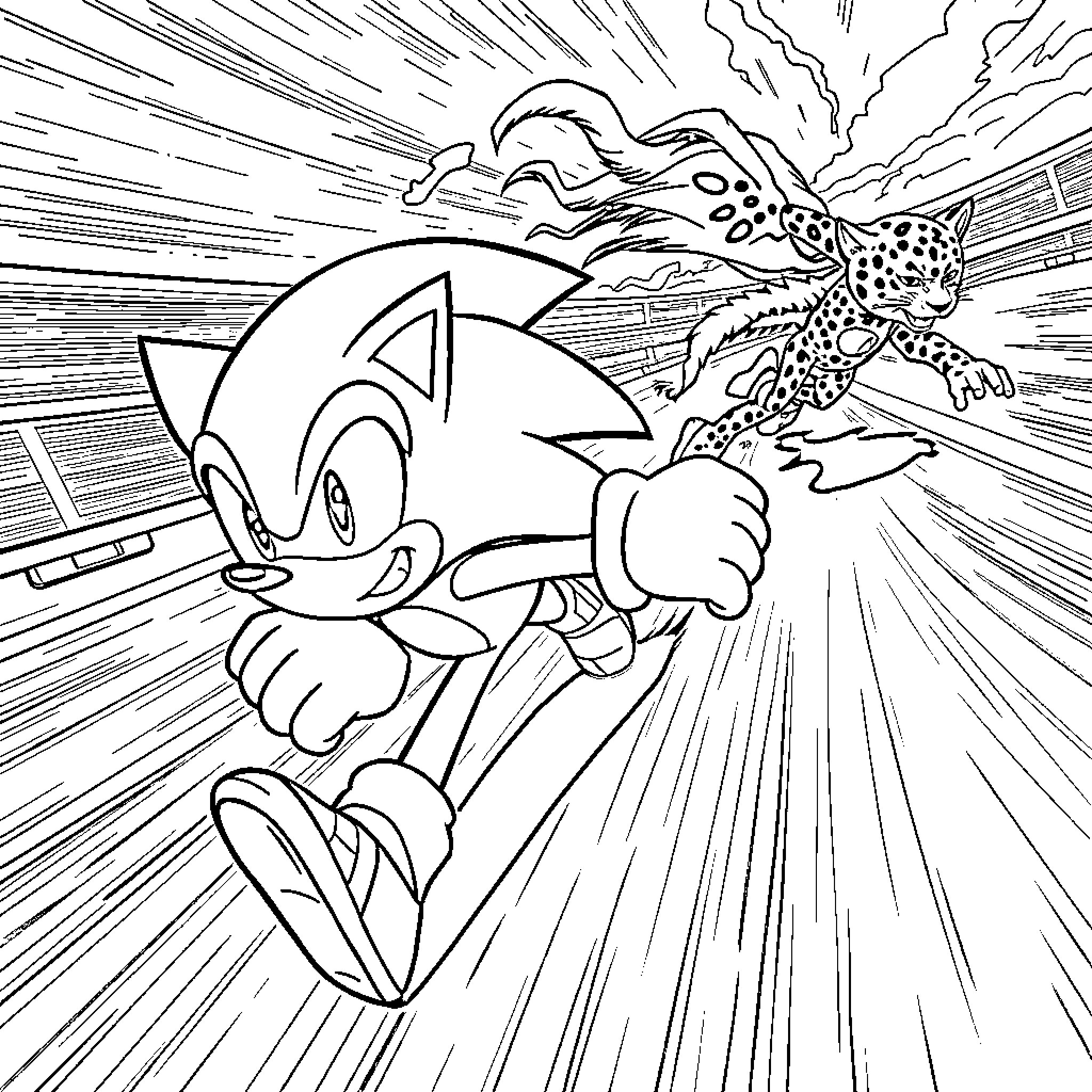 Sonic dashing through a chaotic scene Coloring Page (free black-and-white line drawing printable PDF for all, from beginners to advanced learners, including children, teens, adults, and seniors)