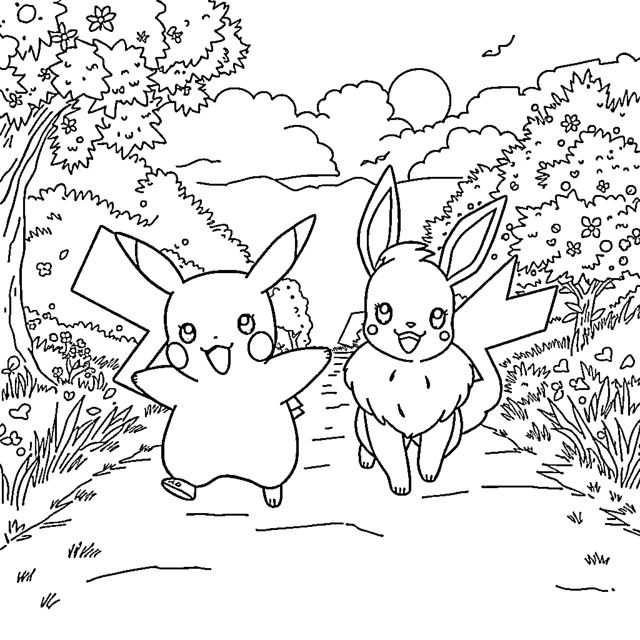 Pikachu and Eevee exploring the nature Coloring Page (free black-and-white line drawing printable PDF for all, from beginners to advanced learners, including children, teens, adults, and seniors)