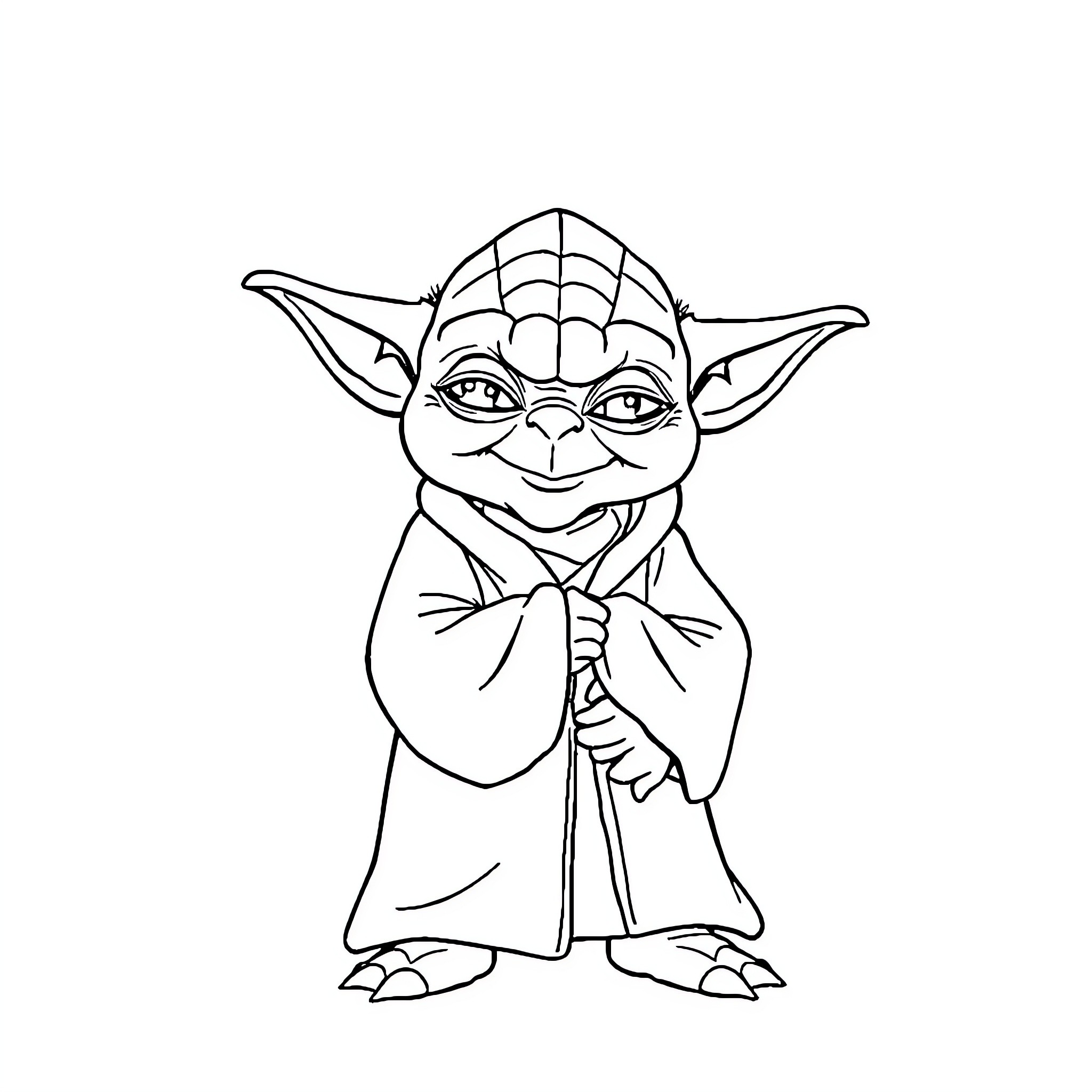 Yoda in a thoughtful pose Coloring Page (free black-and-white line drawing printable PDF for all, from beginners to advanced learners, including children, teens, adults, and seniors)