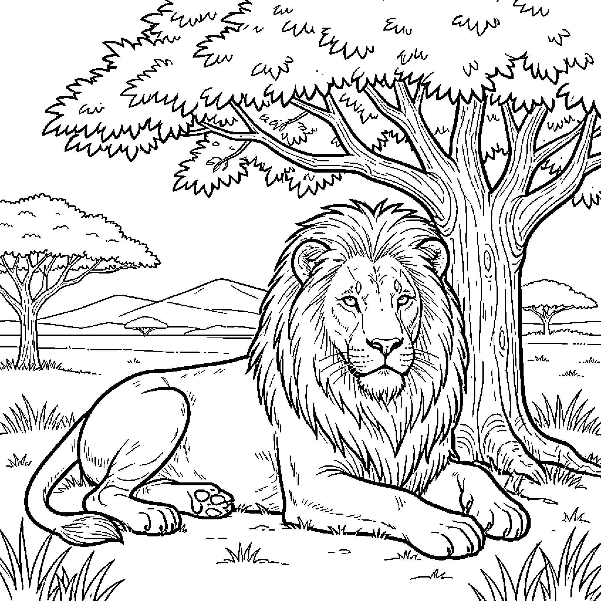 Lion resting peacefully in the serene African wilderness Coloring Page (free black-and-white line drawing printable PDF for all, from beginners to advanced learners, including children, teens, adults, and seniors)