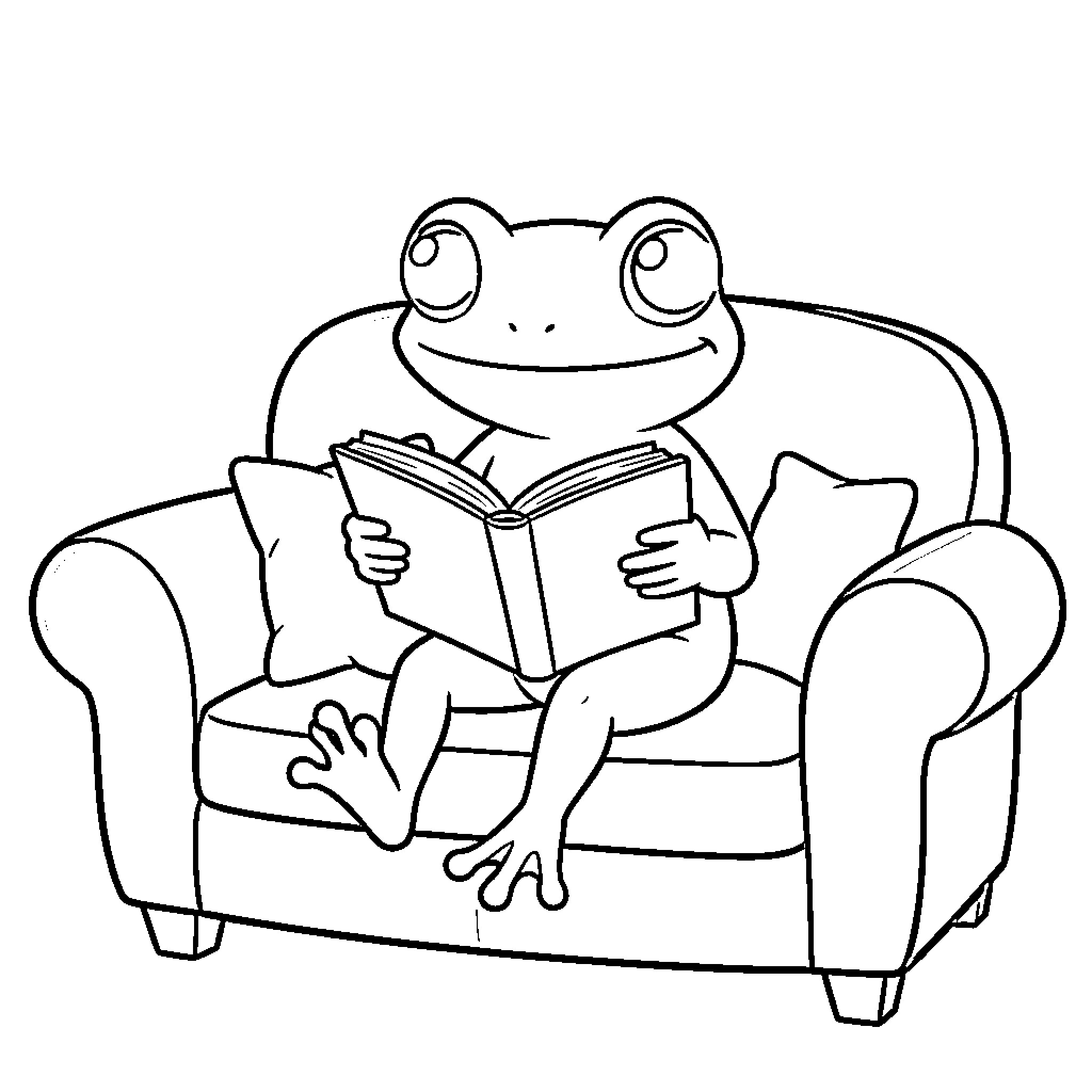 Rana reading book comfortably on chair Coloring Page (free black-and-white line drawing printable PDF for all, from beginners to advanced learners, including children, teens, adults, and seniors)