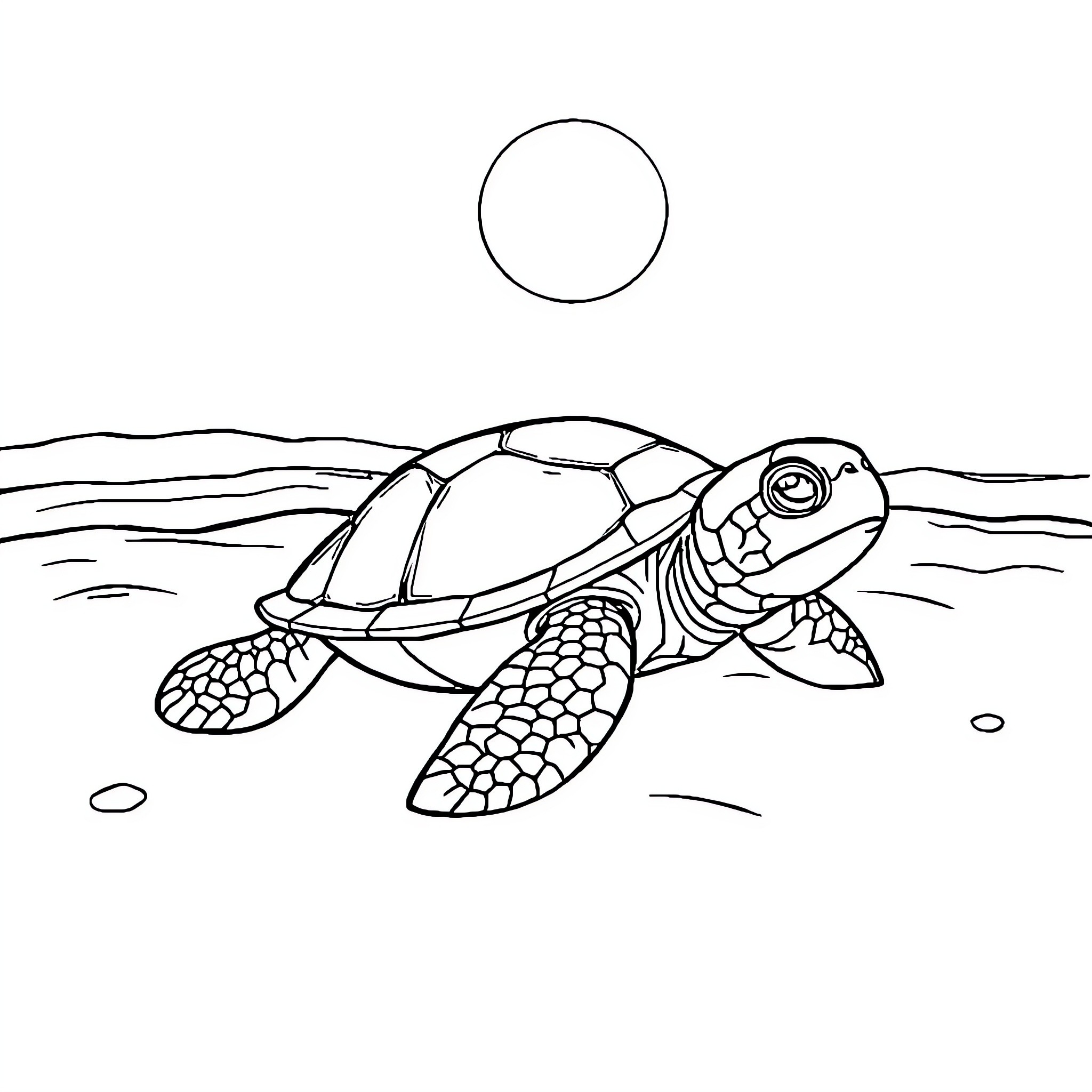 Turtle swimming peacefully in the ocean Coloring Page (free black-and-white line drawing printable PDF for all, from beginners to advanced learners, including children, teens, adults, and seniors)