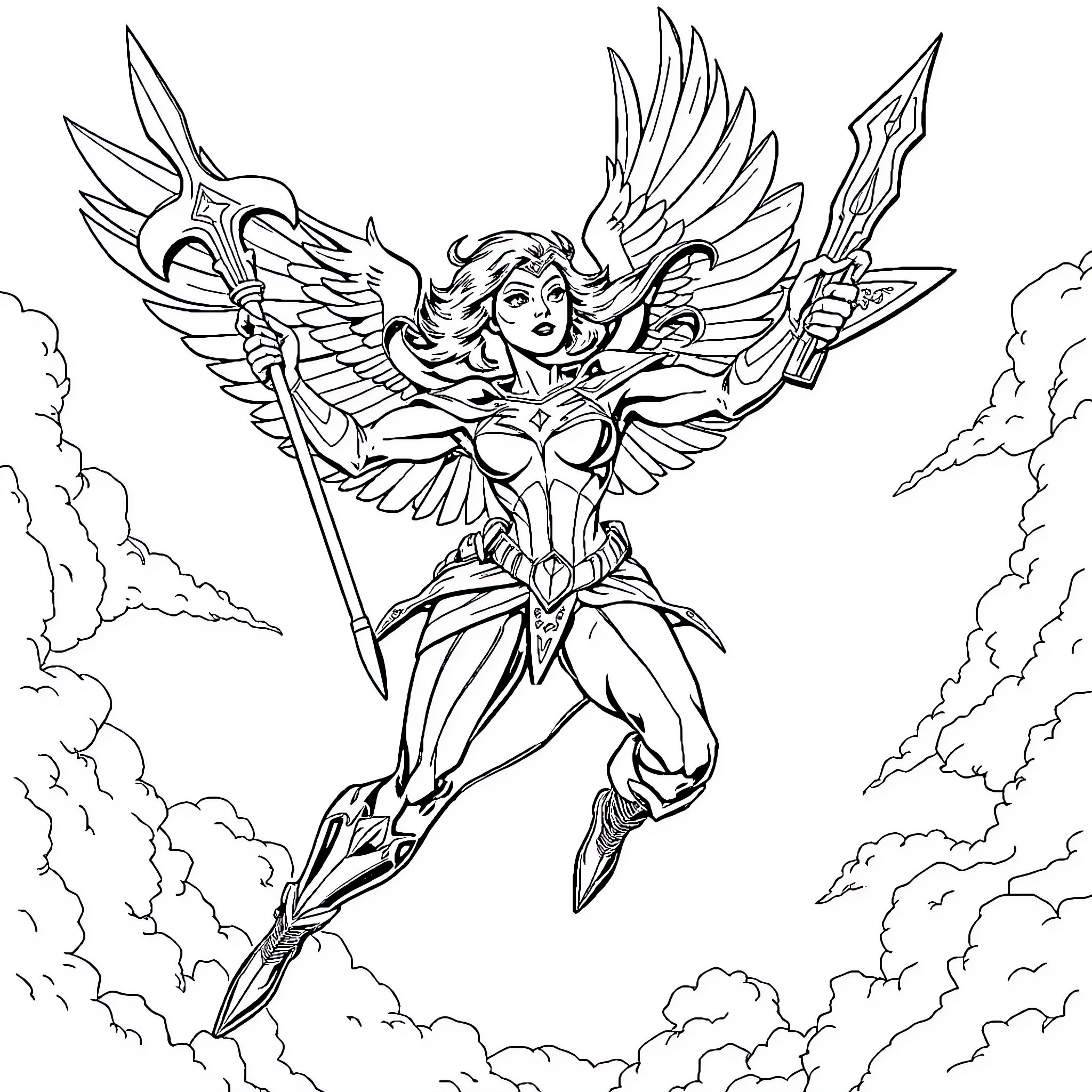 Hawkgirl in heroic action pose with wings and weapon Coloring Page (free black-and-white line drawing printable PDF for all, from beginners to advanced learners, including children, teens, adults, and seniors)
