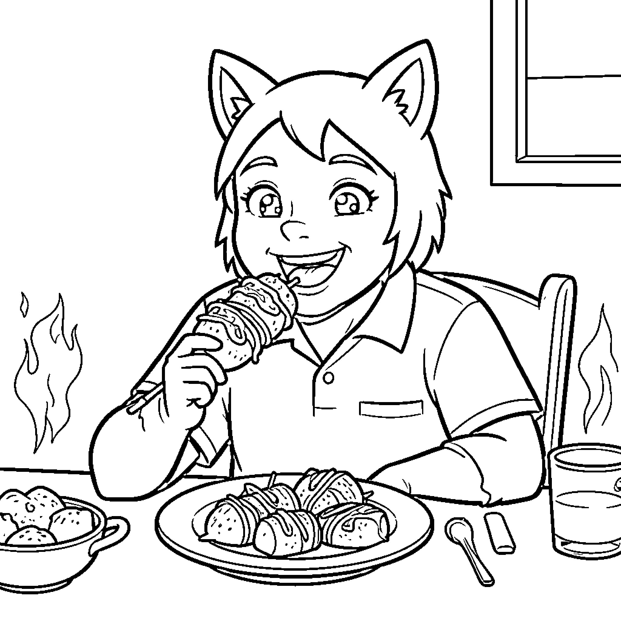 Huntrix enjoying a delicious meal at the table Coloring Page (free black-and-white line drawing printable PDF for all, from beginners to advanced learners, including children, teens, adults, and seniors)