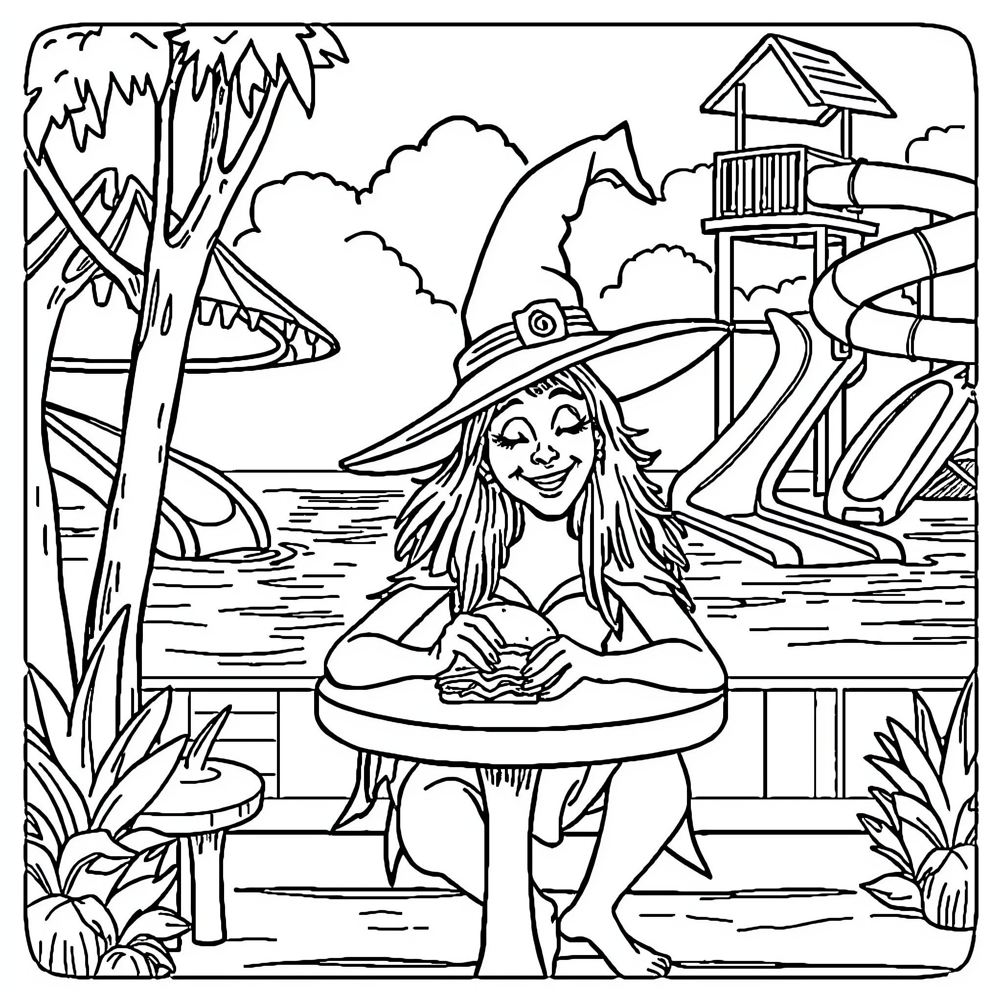 Witch relaxing by the lake with a tropical view Coloring Page (free black-and-white line drawing printable PDF for all, from beginners to advanced learners, including children, teens, adults, and seniors)