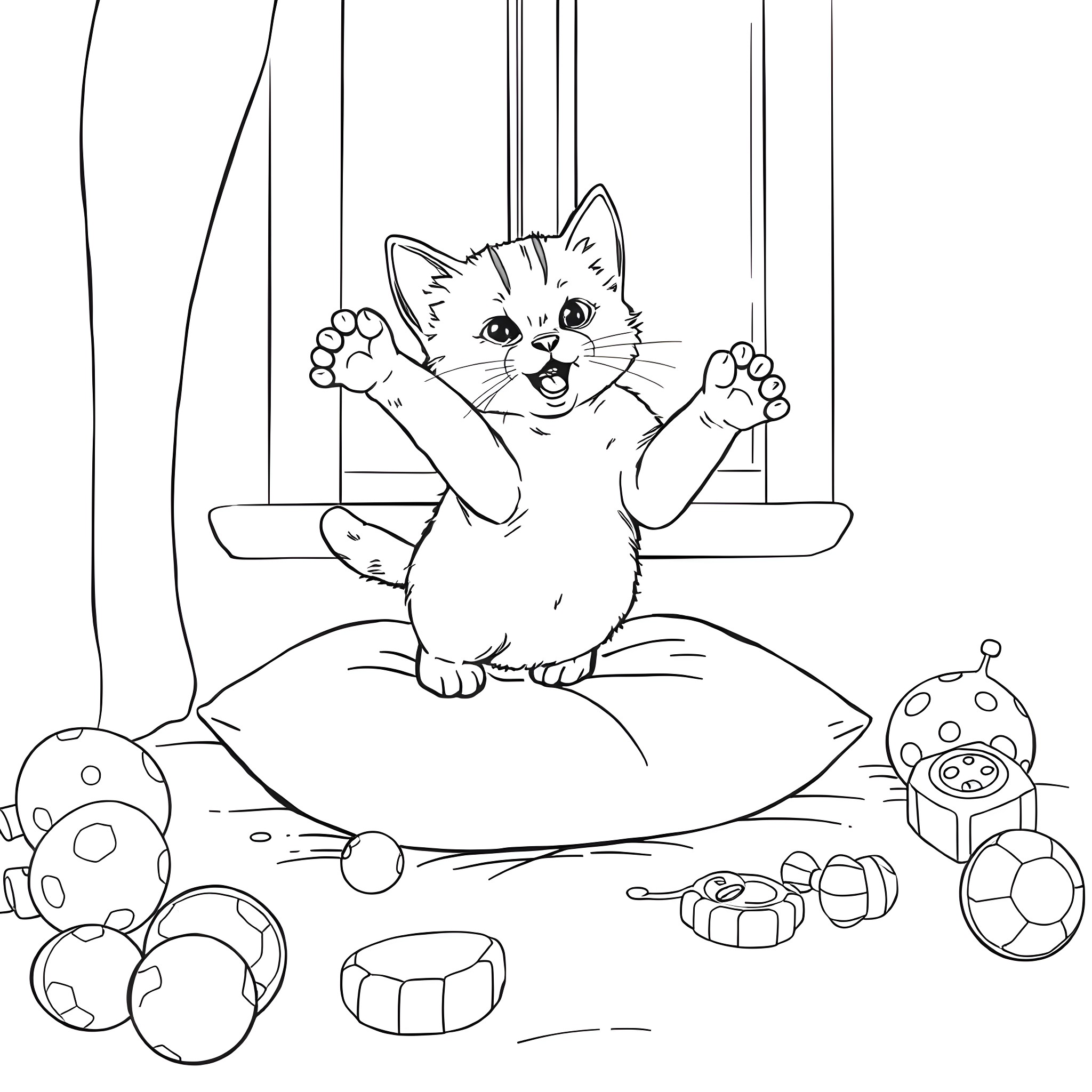 Cat playing joyfully with toys Coloring Page (free black-and-white line drawing printable PDF for all, from beginners to advanced learners, including children, teens, adults, and seniors)