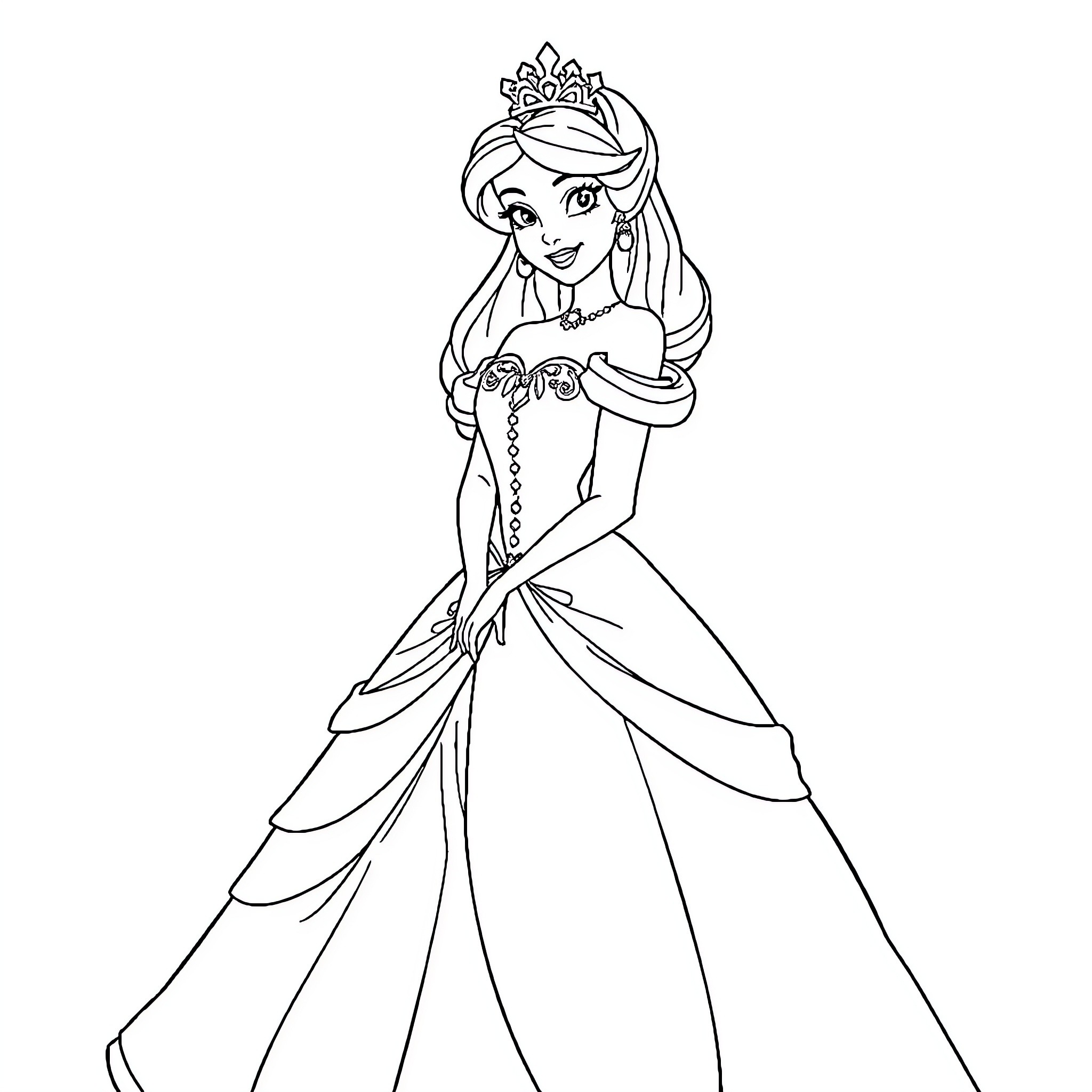 Princess in Elegant Dress and Tiara Coloring Page (free black-and-white line drawing printable PDF for all, from beginners to advanced learners, including children, teens, adults, and seniors)