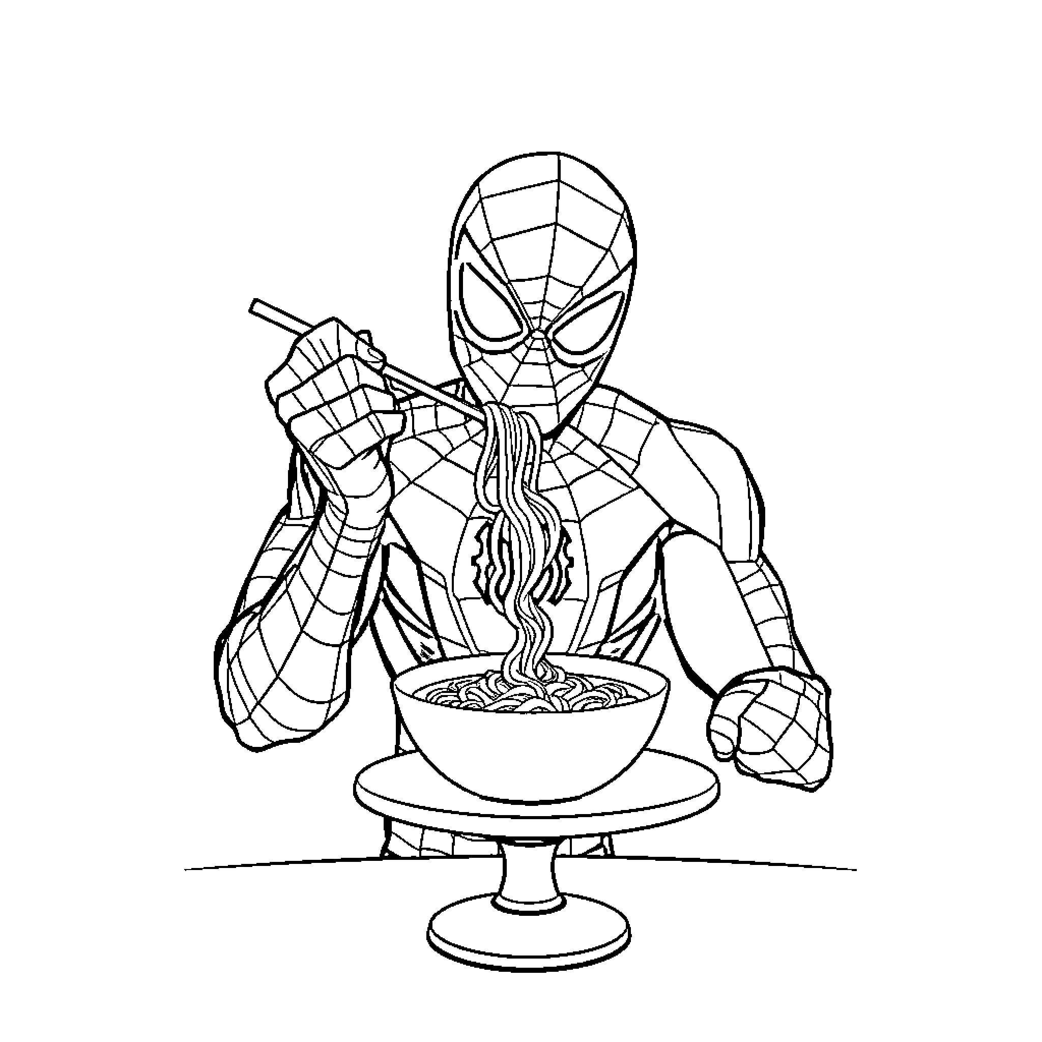Spider-Man Enjoying a Tasty Meal Coloring Page (free black-and-white line drawing printable PDF for all, from beginners to advanced learners, including children, teens, adults, and seniors)