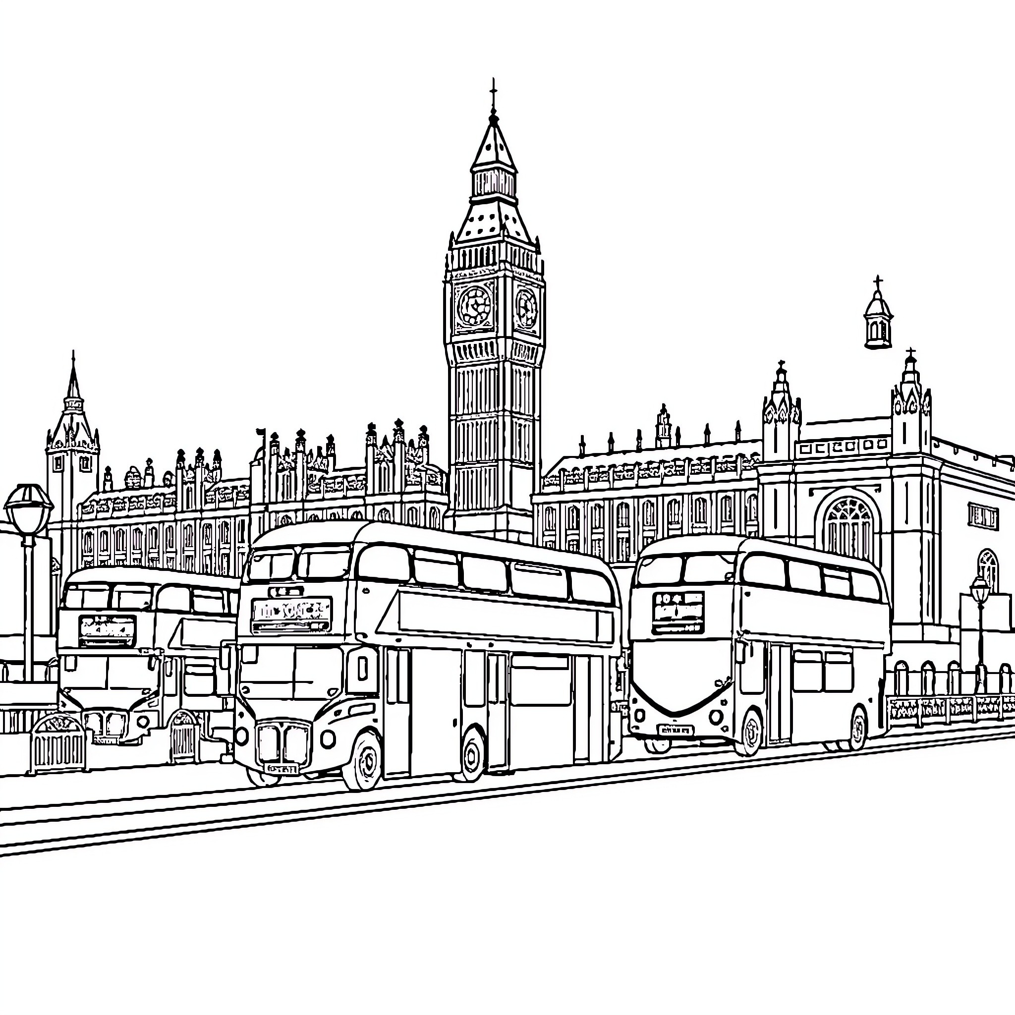 London street scene with iconic landmarks and red buses Coloring Page (free black-and-white line drawing printable PDF for all, from beginners to advanced learners, including children, teens, adults, and seniors)