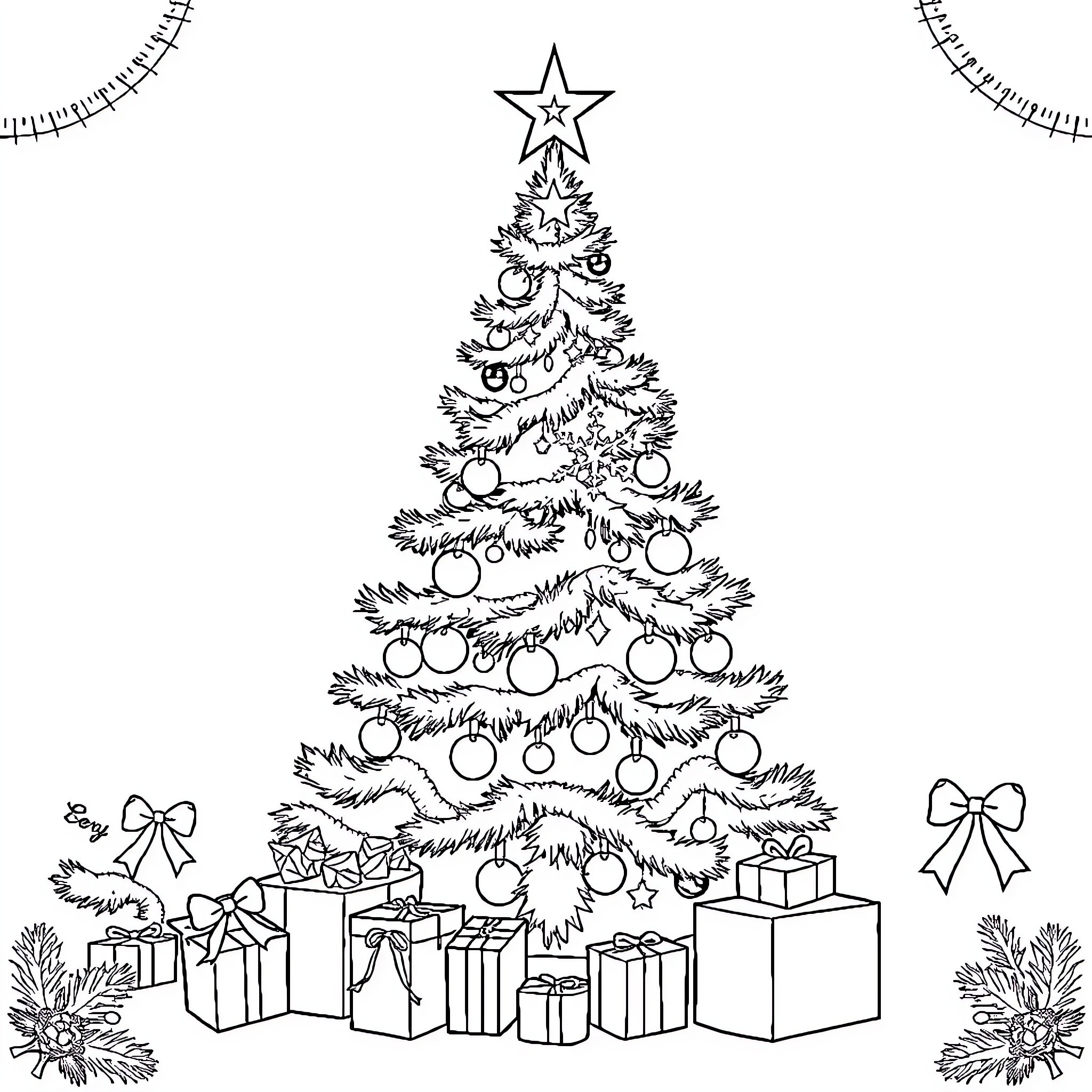 Christmas tree with ornaments and gifts Coloring Page (free black-and-white line drawing printable PDF for all, from beginners to advanced learners, including children, teens, adults, and seniors)