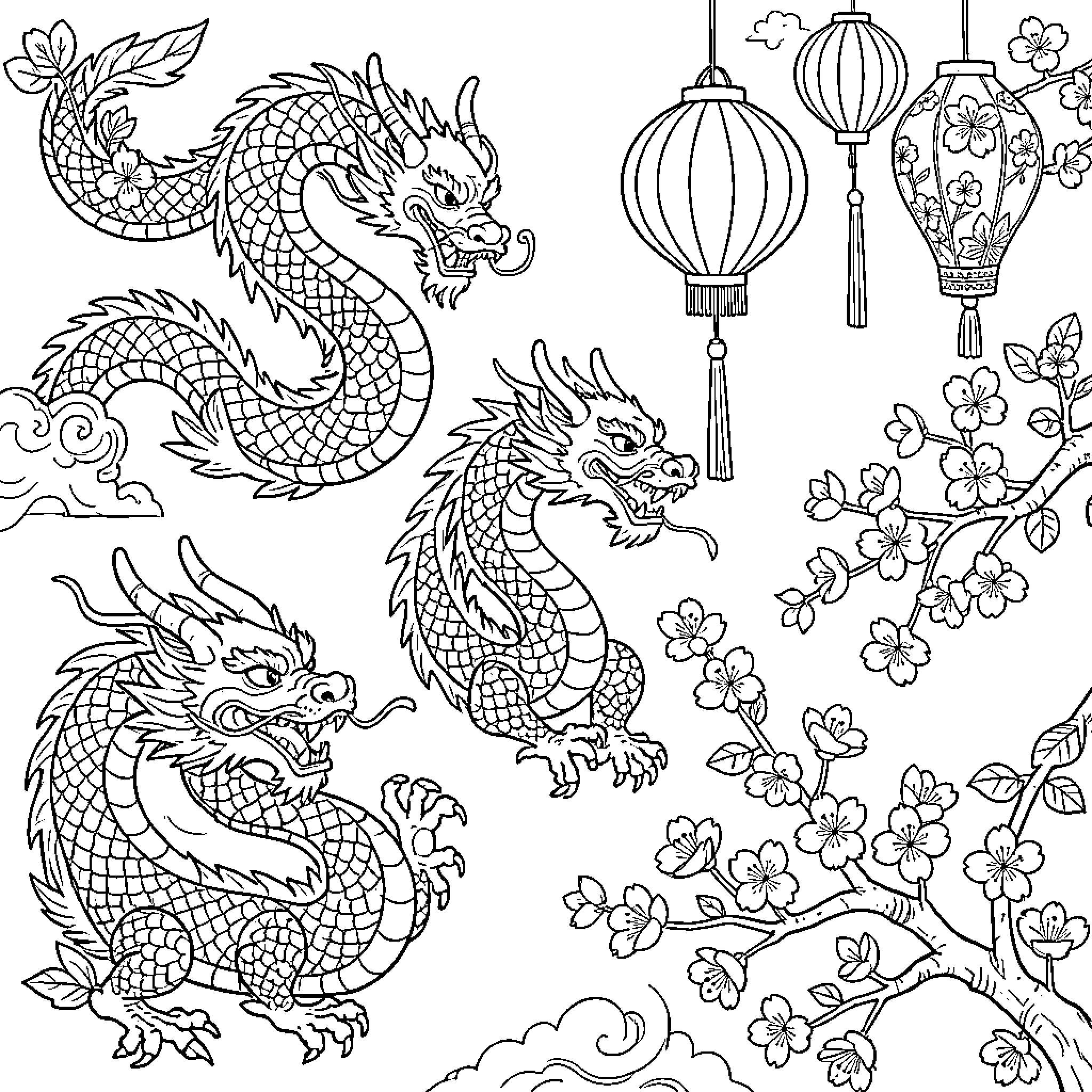 Asian Symbol featuring dragons and hanging lanterns with blossoms Coloring Page (free black-and-white line drawing printable PDF for all, from beginners to advanced learners, including children, teens, adults, and seniors)