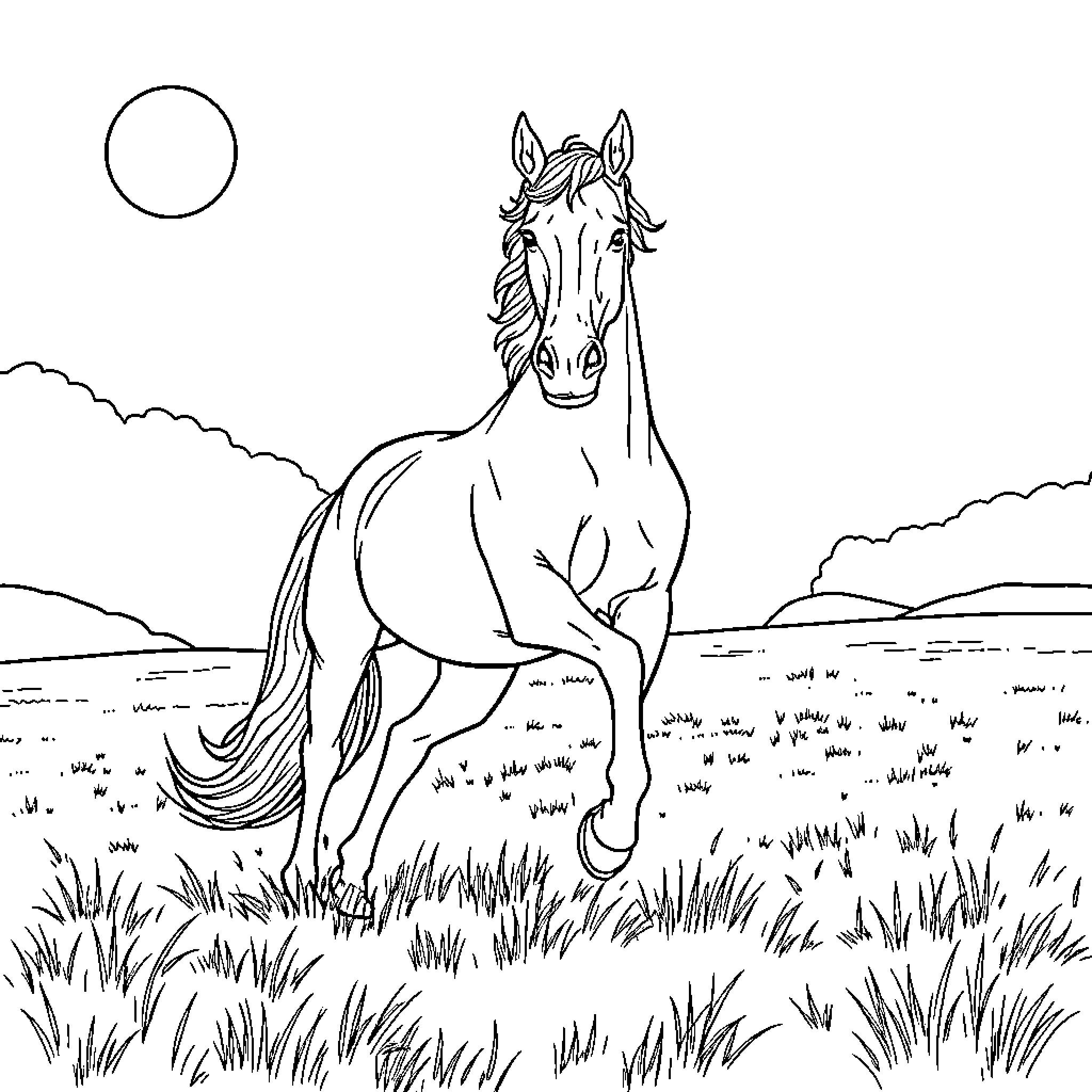 Horse galloping freely in the meadow Coloring Page (free black-and-white line drawing printable PDF for all, from beginners to advanced learners, including children, teens, adults, and seniors)