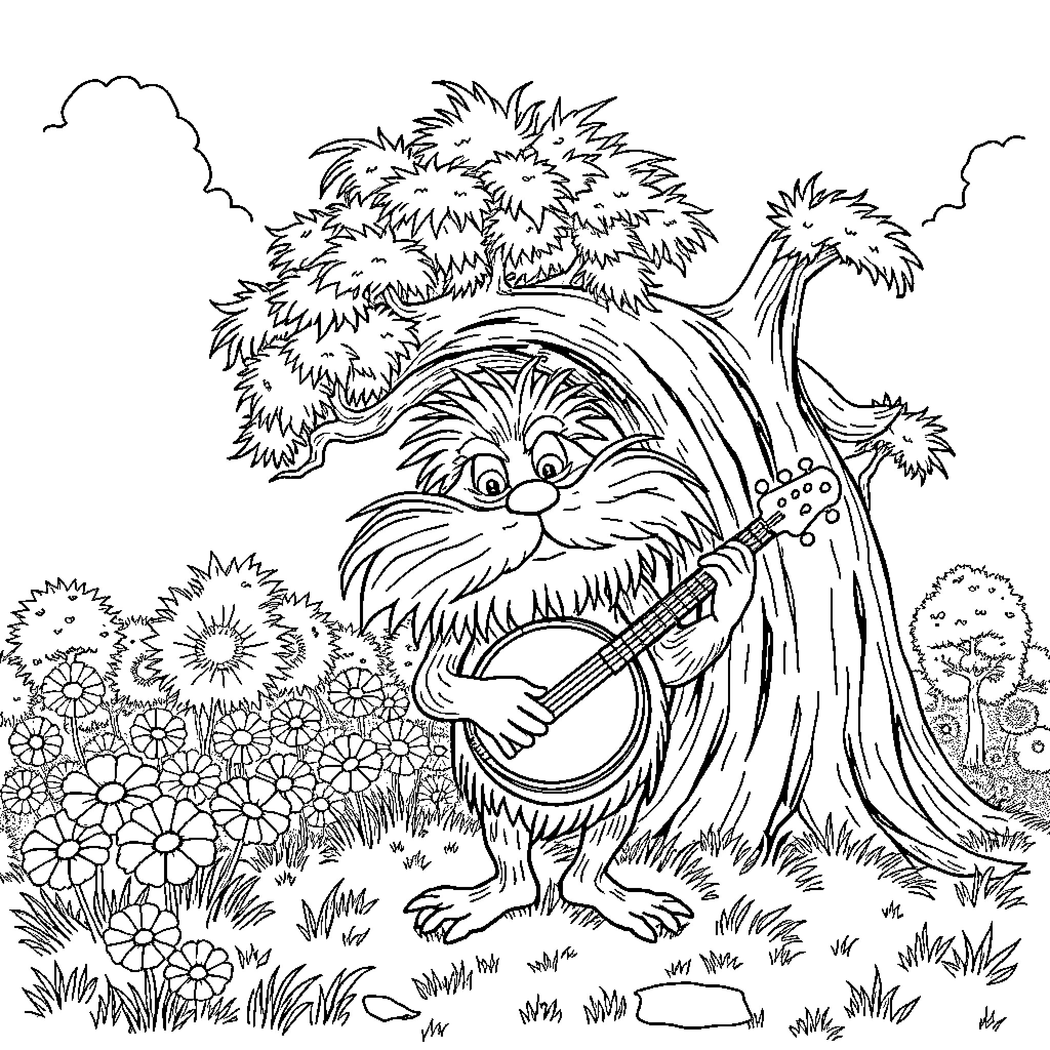 Lorax playing guitar in lush forest landscape Coloring Page (free black-and-white line drawing printable PDF for all, from beginners to advanced learners, including children, teens, adults, and seniors)