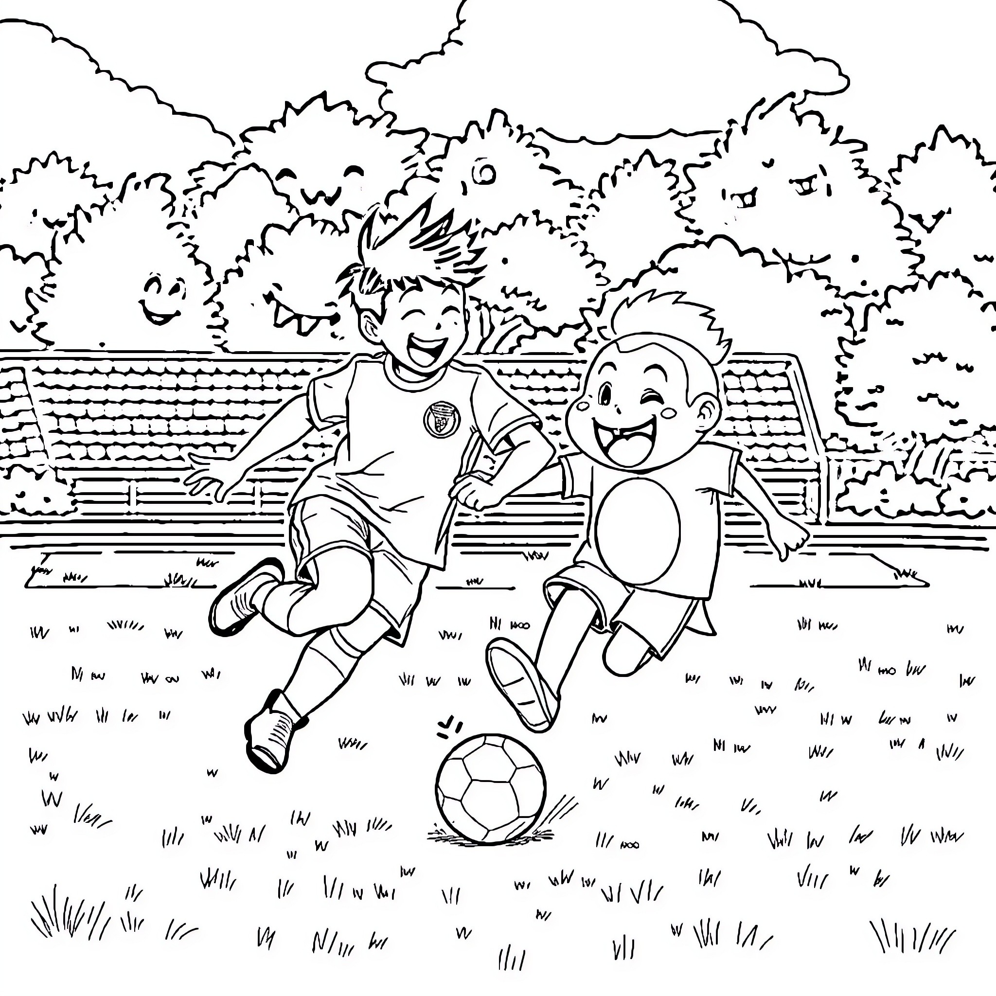 Satoru Gojo playing soccer with friend in park Coloring Page (free black-and-white line drawing printable PDF for all, from beginners to advanced learners, including children, teens, adults, and seniors)