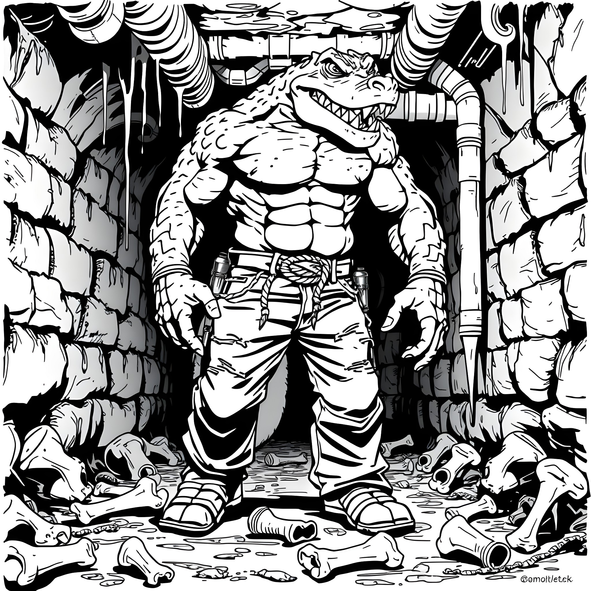 Killer Croc stalking through the ruins Coloring Page (free black-and-white line drawing printable PDF for all, from beginners to advanced learners, including children, teens, adults, and seniors)