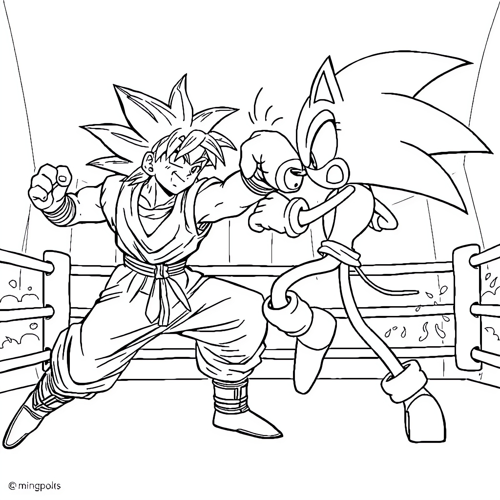 Goku and Sonic engaged in an intense battle Coloring Page (free black-and-white line drawing printable PDF for all, from beginners to advanced learners, including children, teens, adults, and seniors)