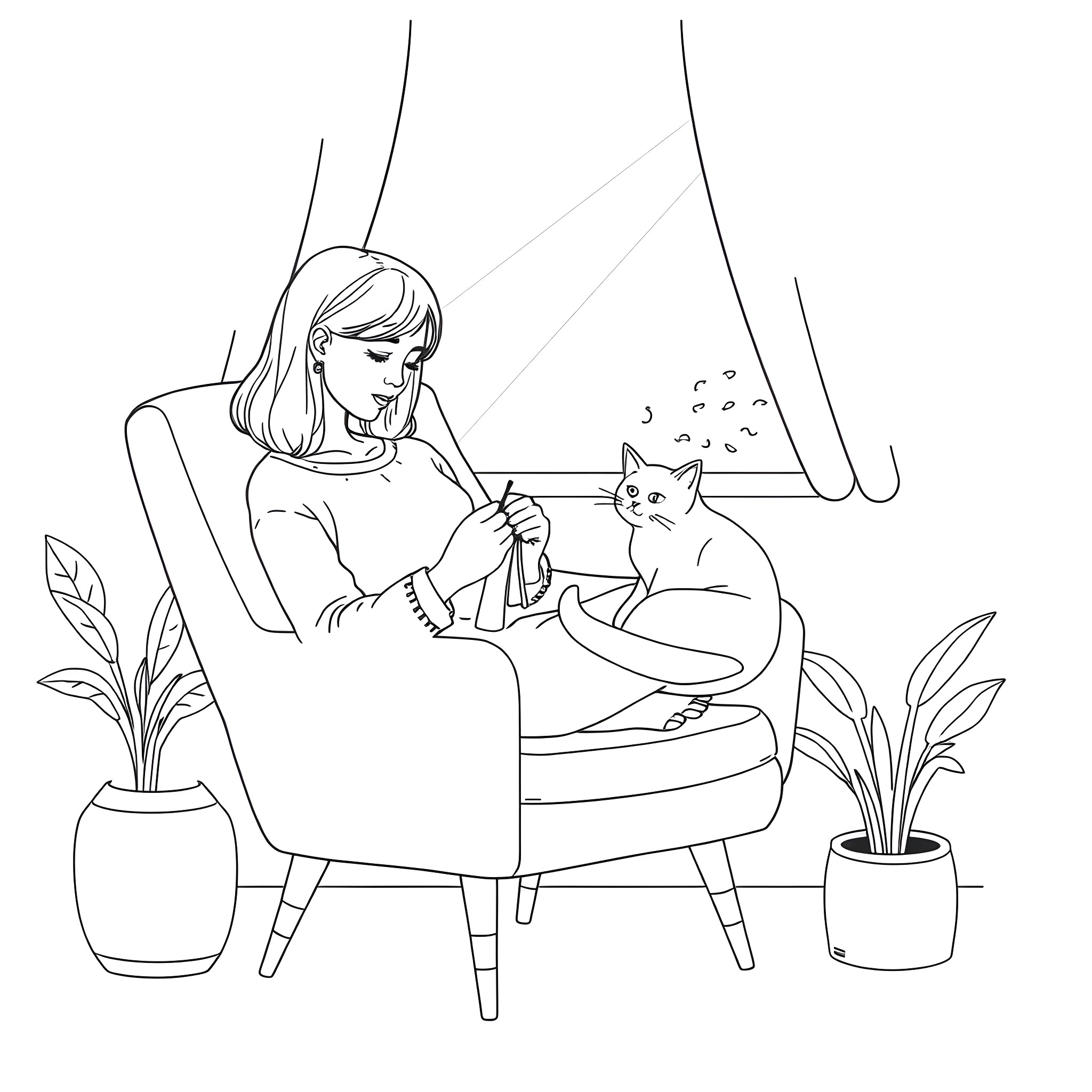 Woman relaxing with her cat in cozy home setting Coloring Page (free black-and-white line drawing printable PDF for all, from beginners to advanced learners, including children, teens, adults, and seniors)