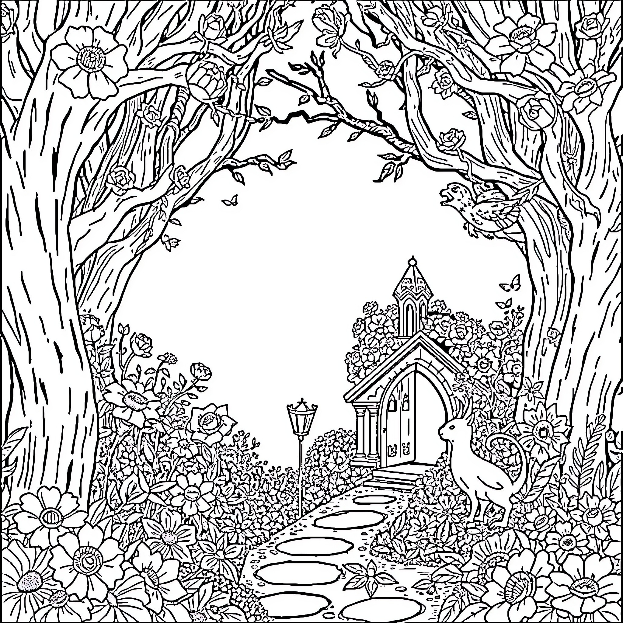 Court of Thorns: Enchanted Forest Sanctuary Coloring Page (free black-and-white line drawing printable PDF for all, from beginners to advanced learners, including children, teens, adults, and seniors)
