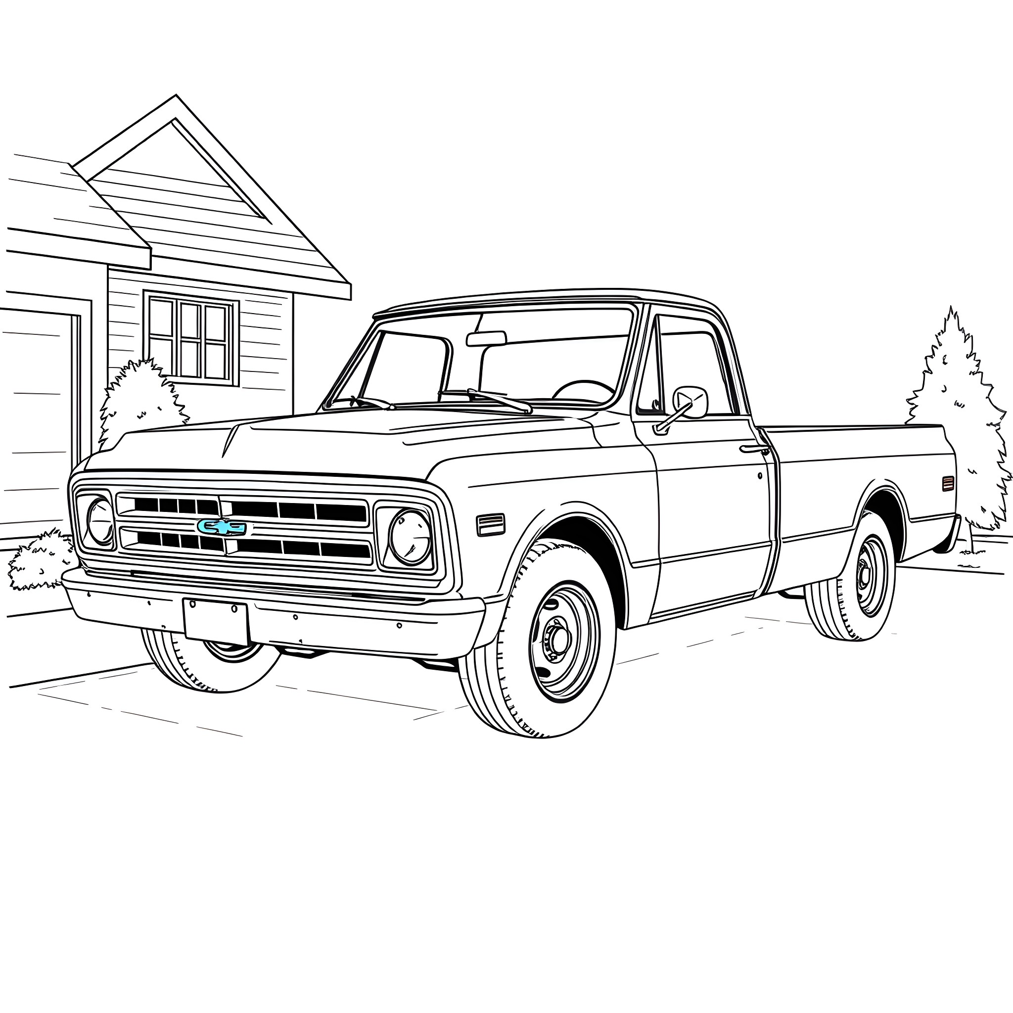 C10 Pickup Truck in Rural Setting Coloring Page (free black-and-white line drawing printable PDF for all, from beginners to advanced learners, including children, teens, adults, and seniors)