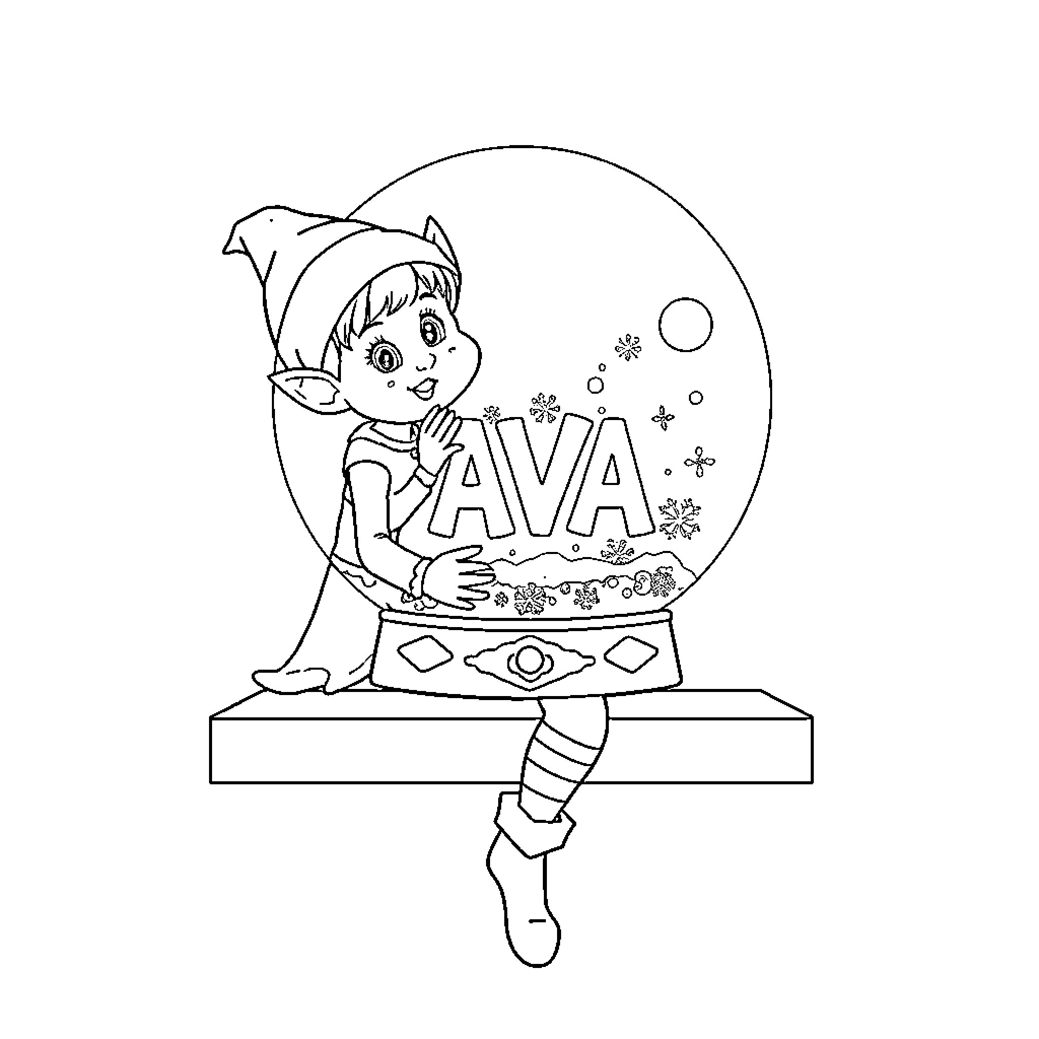 Elf enjoying a magical snow globe Coloring Page (free black-and-white line drawing printable PDF for all, from beginners to advanced learners, including children, teens, adults, and seniors)