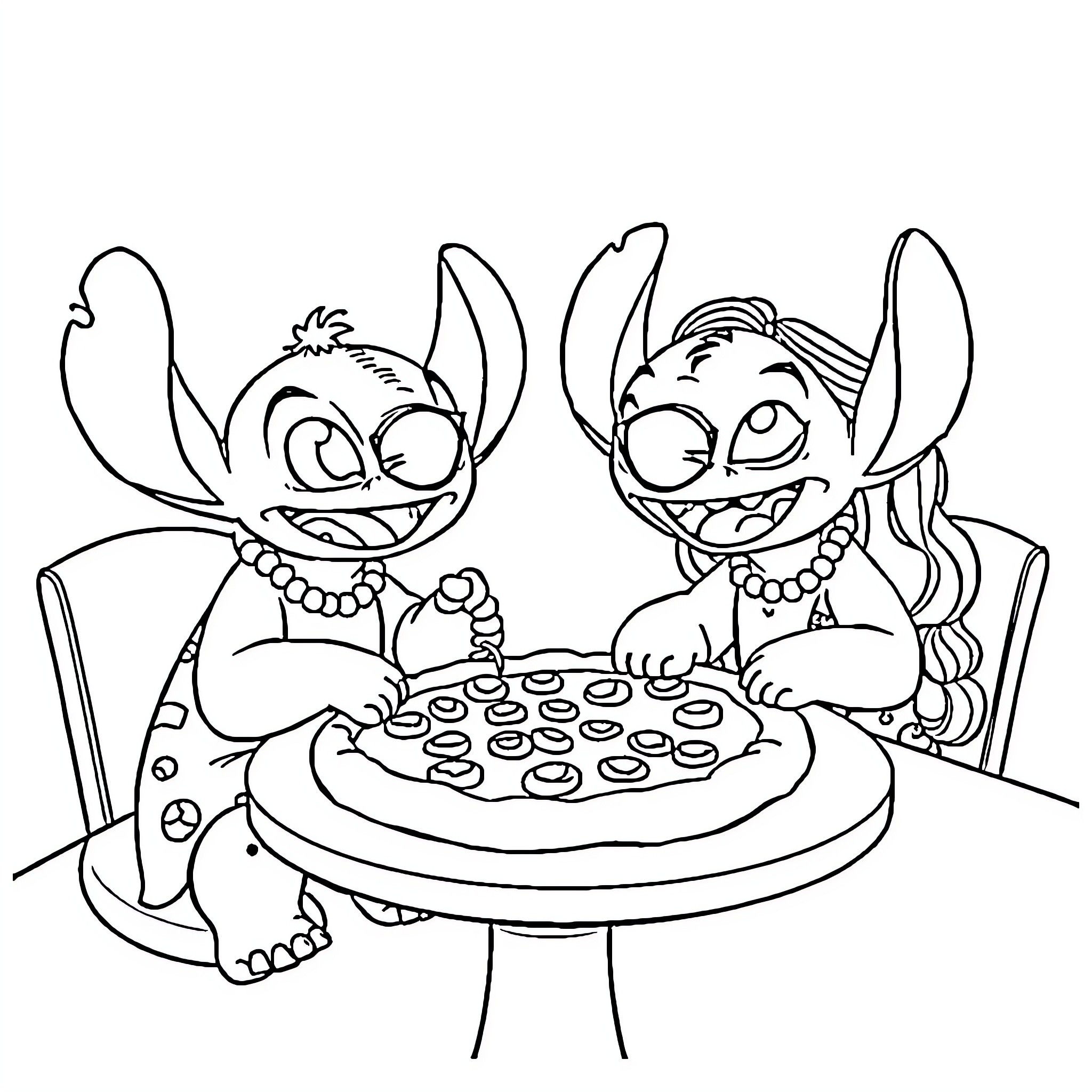 Lilo and Stitch enjoying a delightful meal together Coloring Page (free black-and-white line drawing printable PDF for all, from beginners to advanced learners, including children, teens, adults, and seniors)