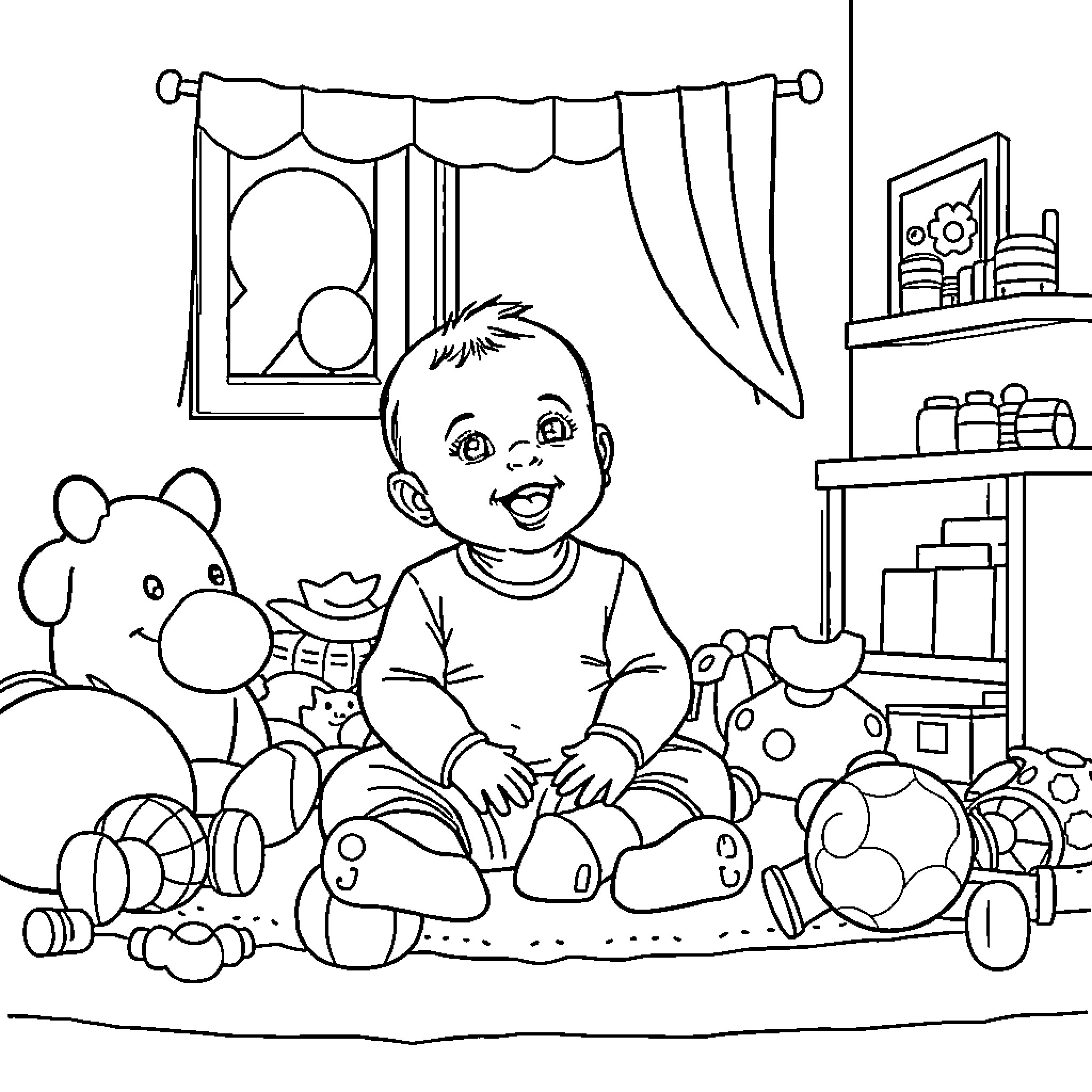 Baby playing with toys in the room Coloring Page (free black-and-white line drawing printable PDF for all, from beginners to advanced learners, including children, teens, adults, and seniors)