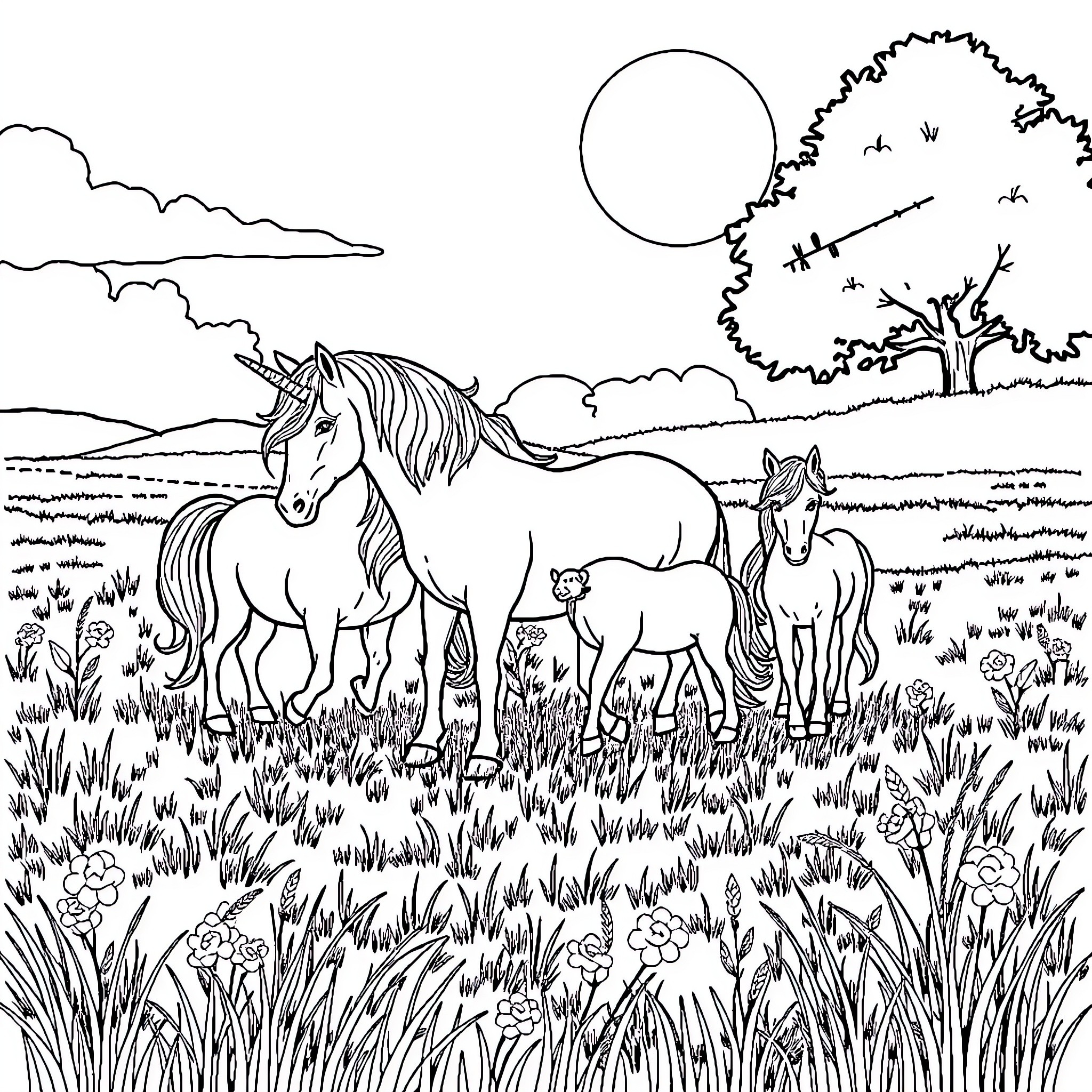 Unicorn family grazing in the meadow Coloring Page (free black-and-white line drawing printable PDF for all, from beginners to advanced learners, including children, teens, adults, and seniors)