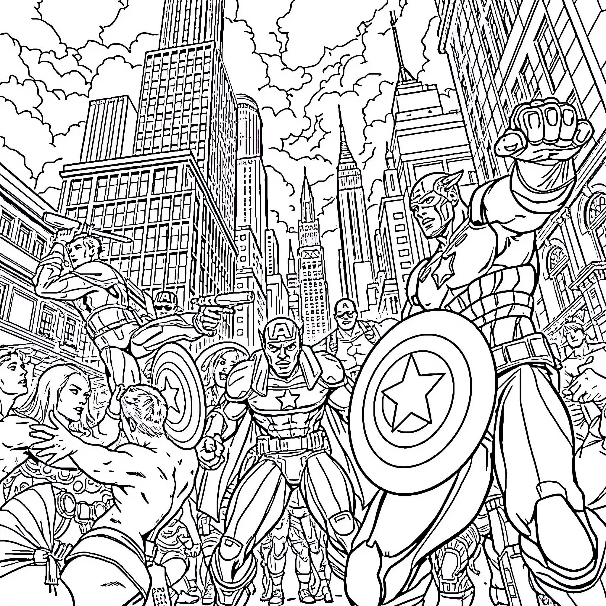 Avenger Assemble: Heroes Unite in the City Coloring Page (free black-and-white line drawing printable PDF for all, from beginners to advanced learners, including children, teens, adults, and seniors)