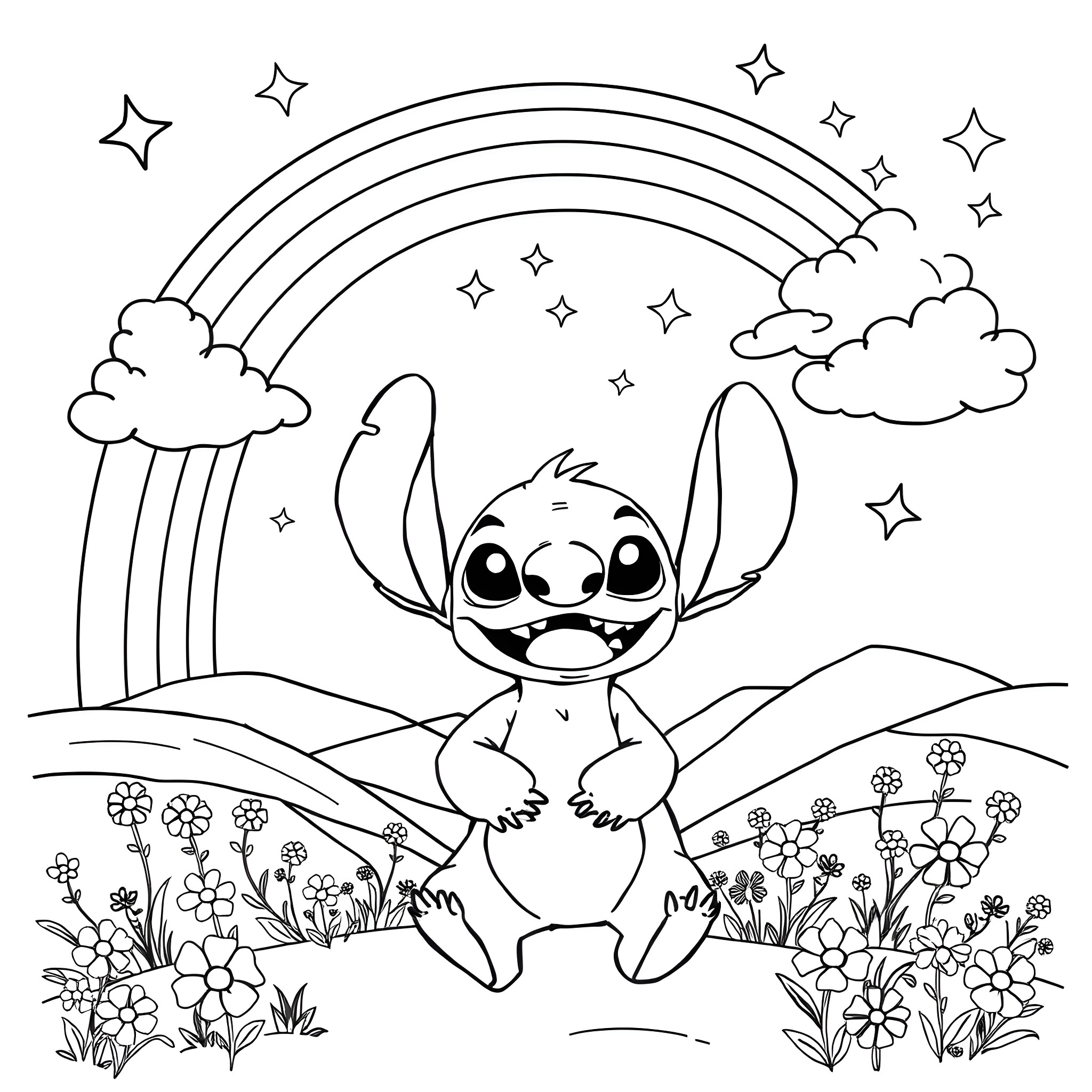 Stitch sitting in a colorful meadow under a rainbow Coloring Page (free black-and-white line drawing printable PDF for all, from beginners to advanced learners, including children, teens, adults, and seniors)