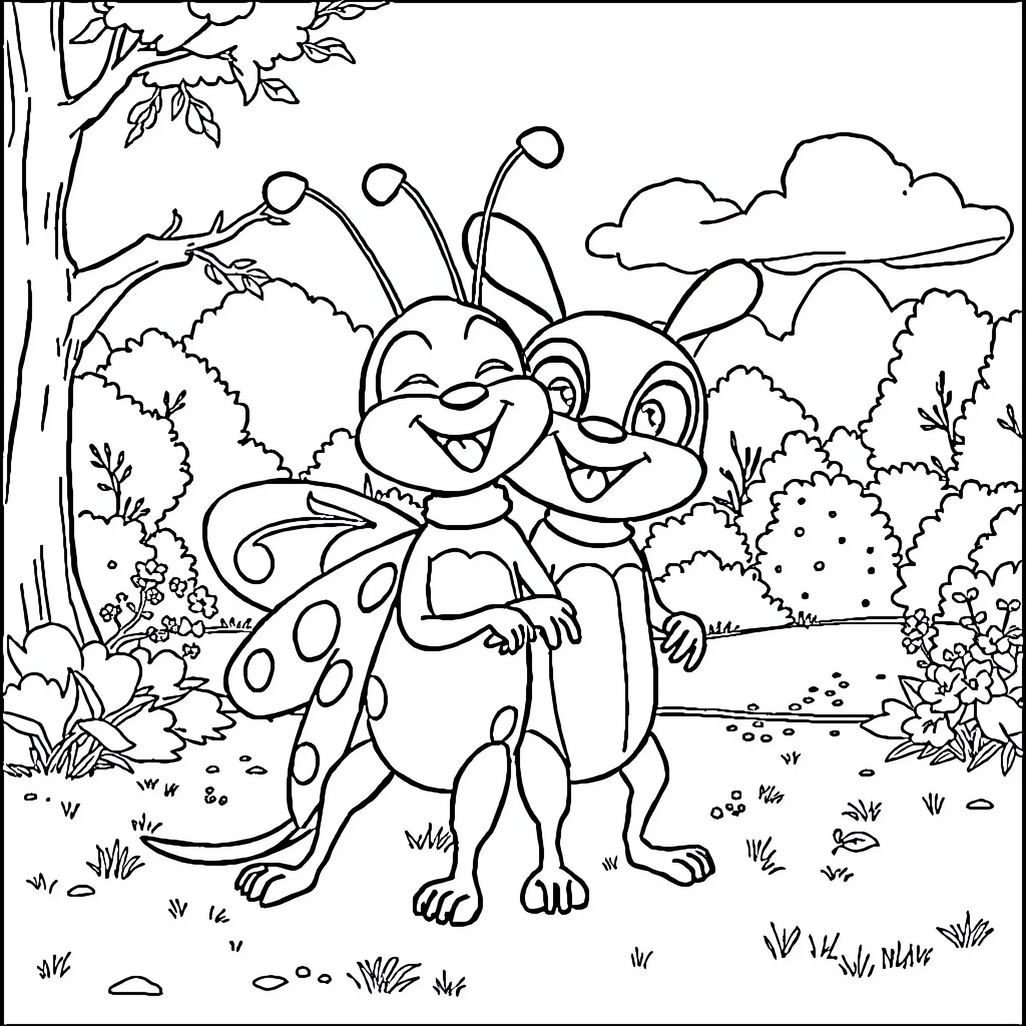 Patrol of Cheerful Insects in Woodland Scene Coloring Page (free black-and-white line drawing printable PDF for all, from beginners to advanced learners, including children, teens, adults, and seniors)