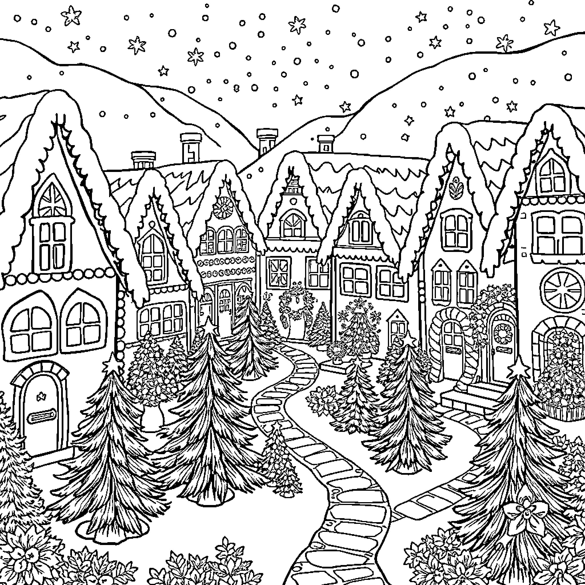 Gingerbread House in a Snowy Winter Wonderland Coloring Page (free black-and-white line drawing printable PDF for all, from beginners to advanced learners, including children, teens, adults, and seniors)