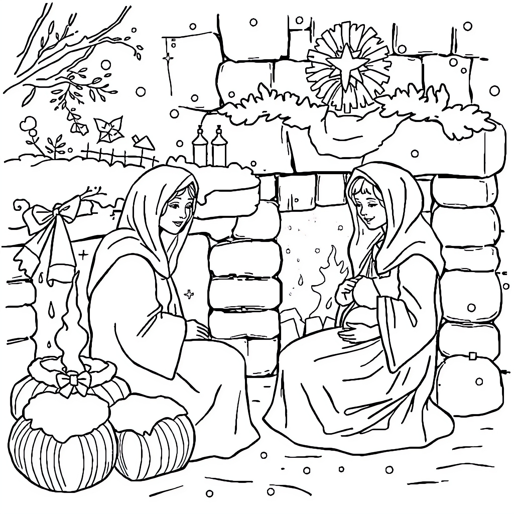 Mary's Winter Wonderland Coloring Page (free black-and-white line drawing printable PDF for all, from beginners to advanced learners, including children, teens, adults, and seniors)