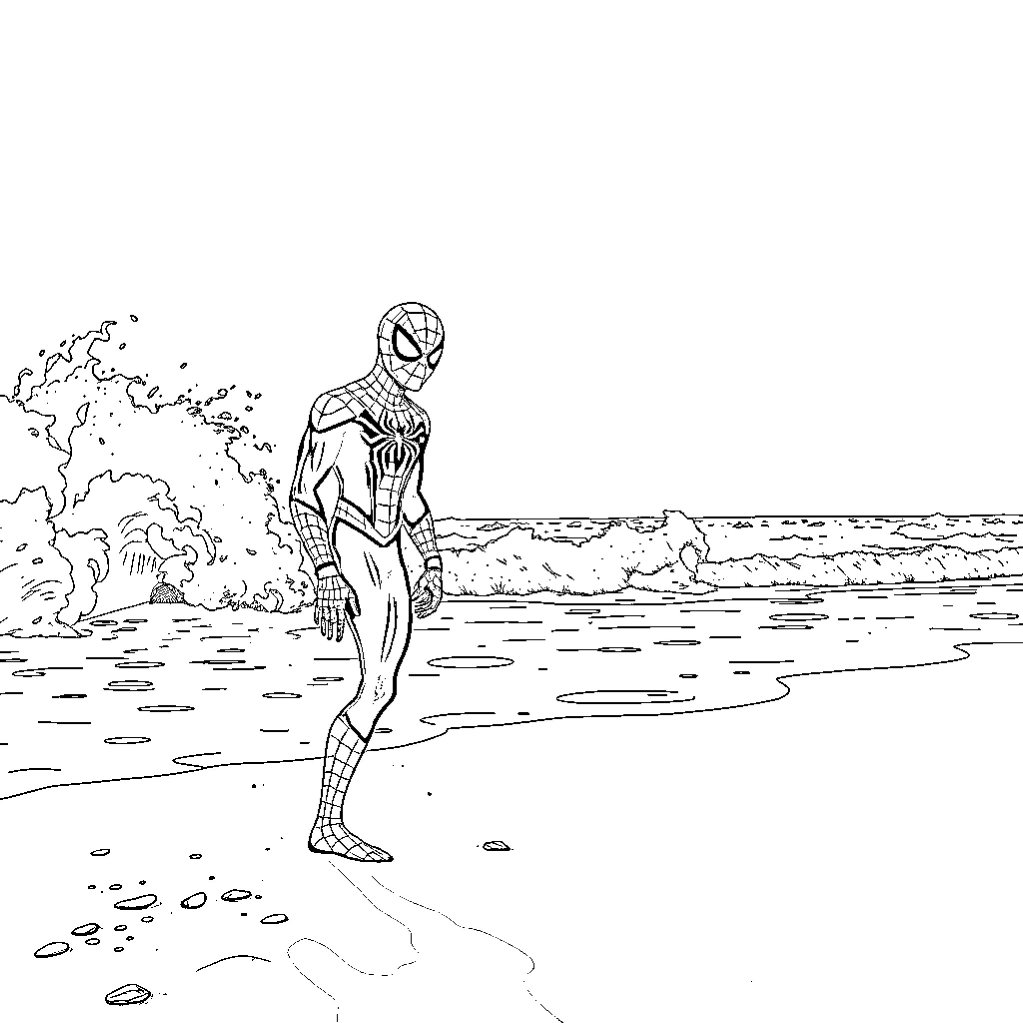 Spiderman swinging through the city landscape Coloring Page (free black-and-white line drawing printable PDF for all, from beginners to advanced learners, including children, teens, adults, and seniors)
